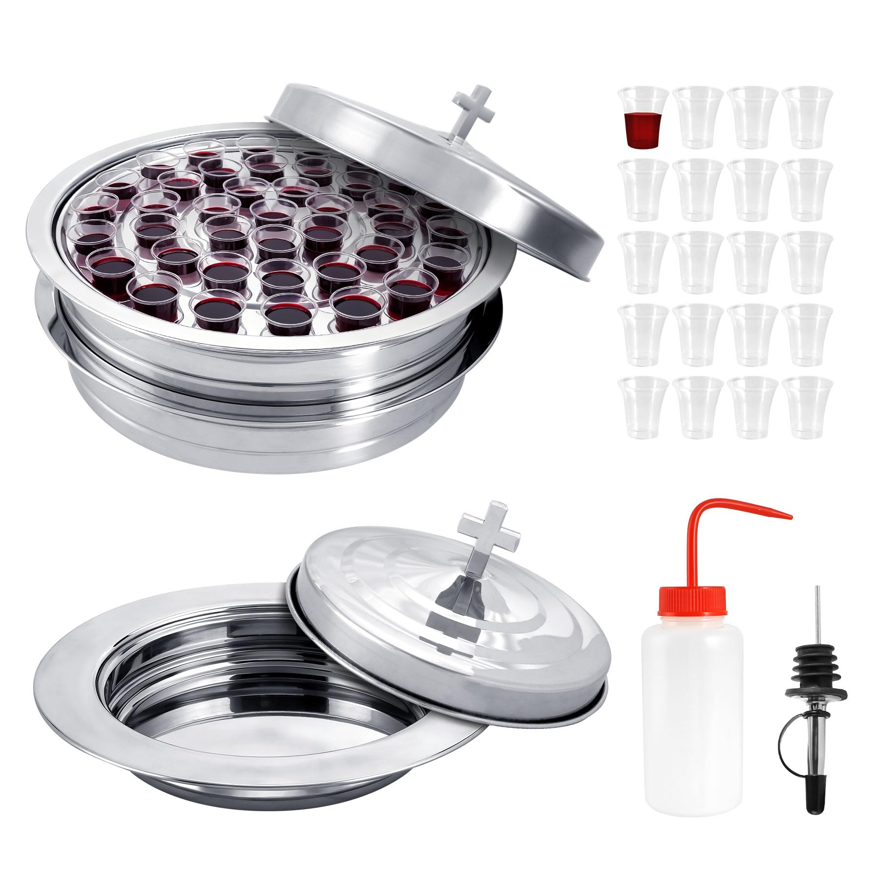 Lot de 2 plateaux à vin de communion en acier inoxydable avec 1 couvercle et 1 assiette à pain avec couvercle, comprend 100 tasses jetables, remplissage de tasses