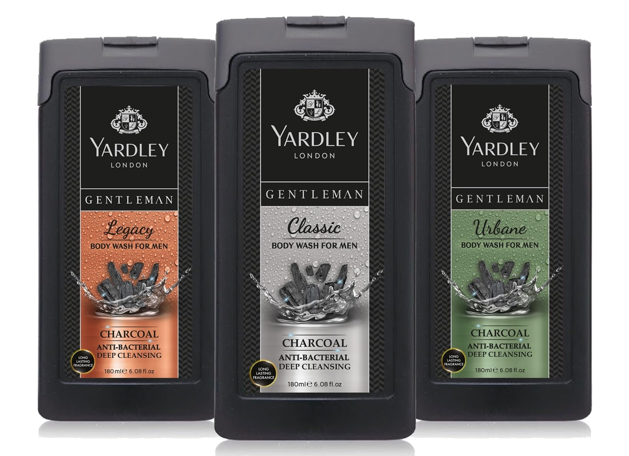 Yardley London Gentleman Antibacterial Deep Cleansing Charcoal Body Wash - 1 Classic & 2 Legacy, 180 ml (Pack of 3)