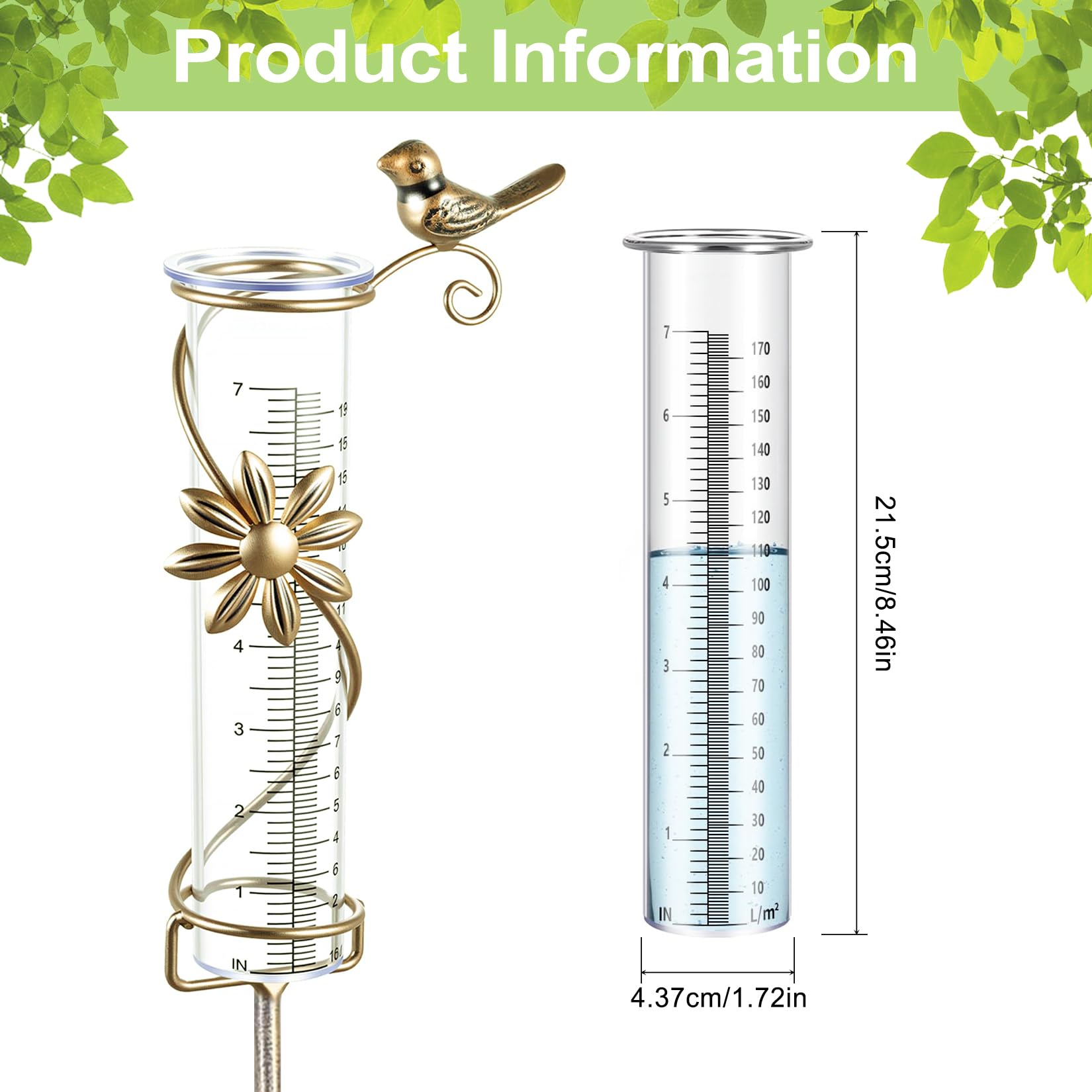 Gartenstecker Regenmesser mit inklusive Skala für genaue Niederschlagsmessung für Hof Deck Rasen Landschaft und Gartenzubehör