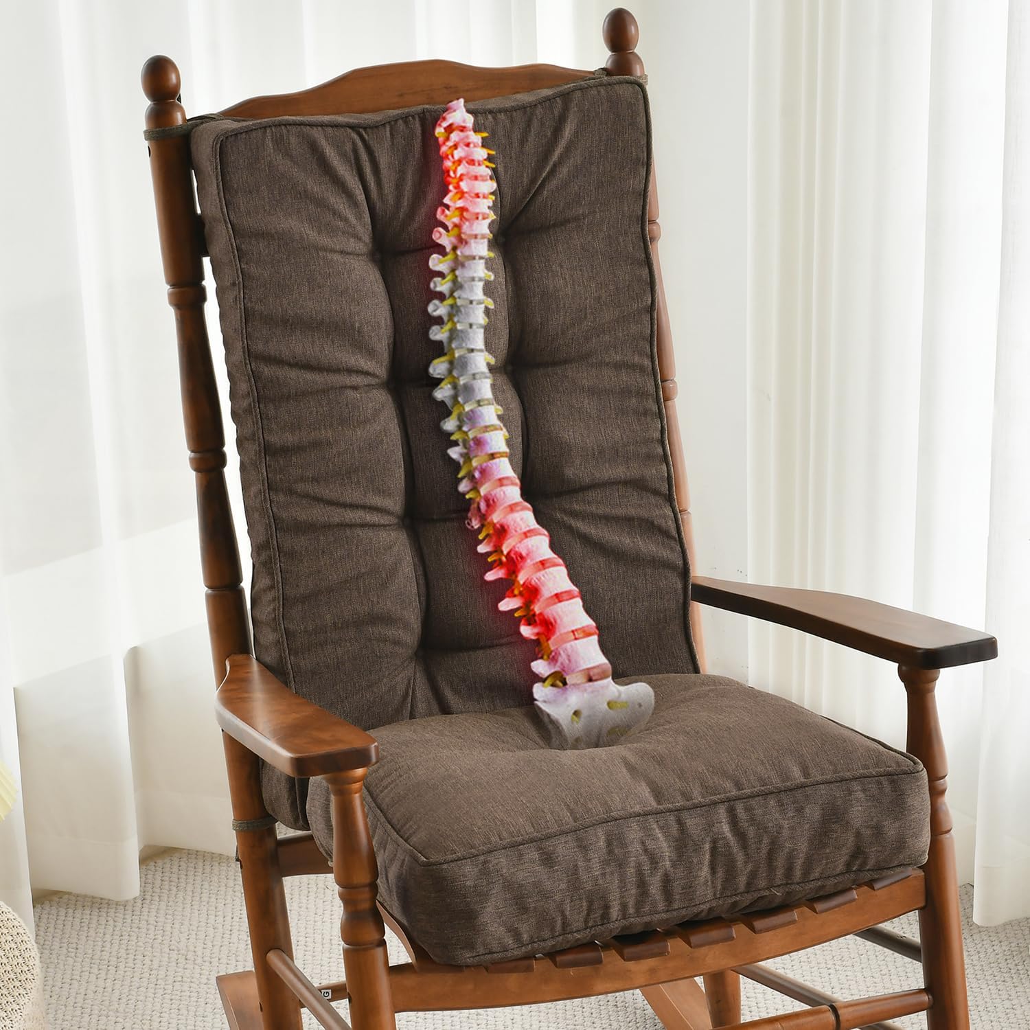 SUNROX Memory Foam Jumbo Rocking Chair Cushions, FadeShield Water Resistant Non Slip Durable Tufted Pads, Set of Seat & Back Cushion with Ties for Indoor/Outdoor Rocker, 2 Piece, Heather Chestnut Jumbo- 28"X18"/18"X18" Heather Chestnut