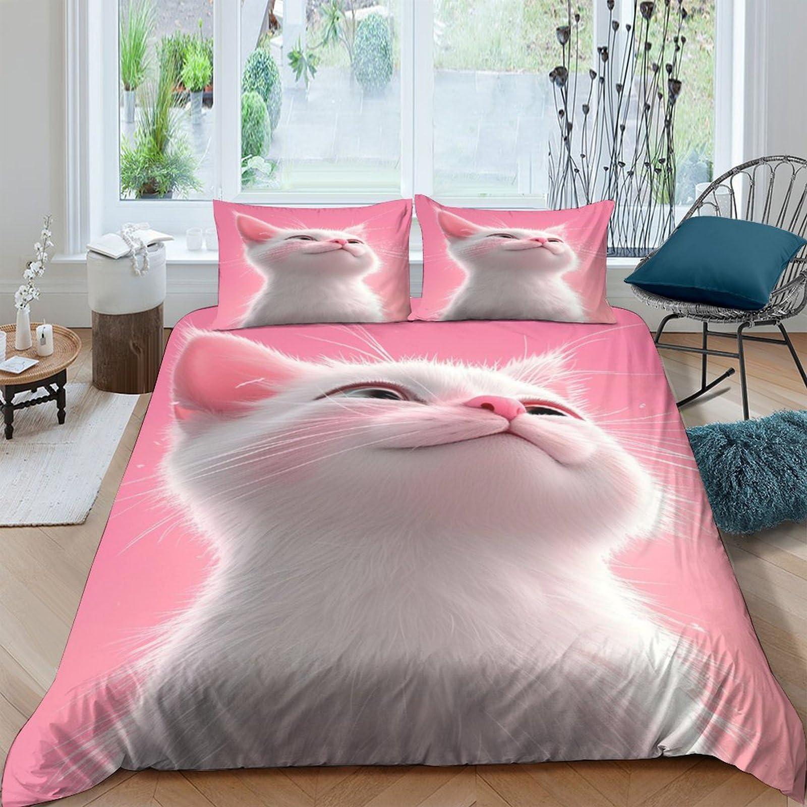 Ensemble de lit chat mignon motif animaux 3D et taie d'oreiller microfibre King