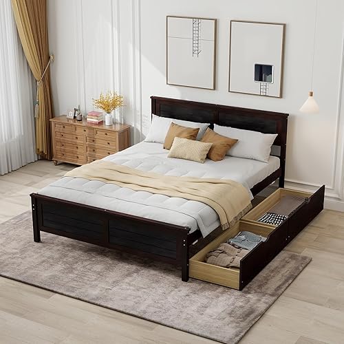 Miniatura 10 de Giantex Base de cama de madera tamaño matrimonial con 2 cajones de almacenamiento, plataforma de madera maciza con cabecero, base de colchón de
