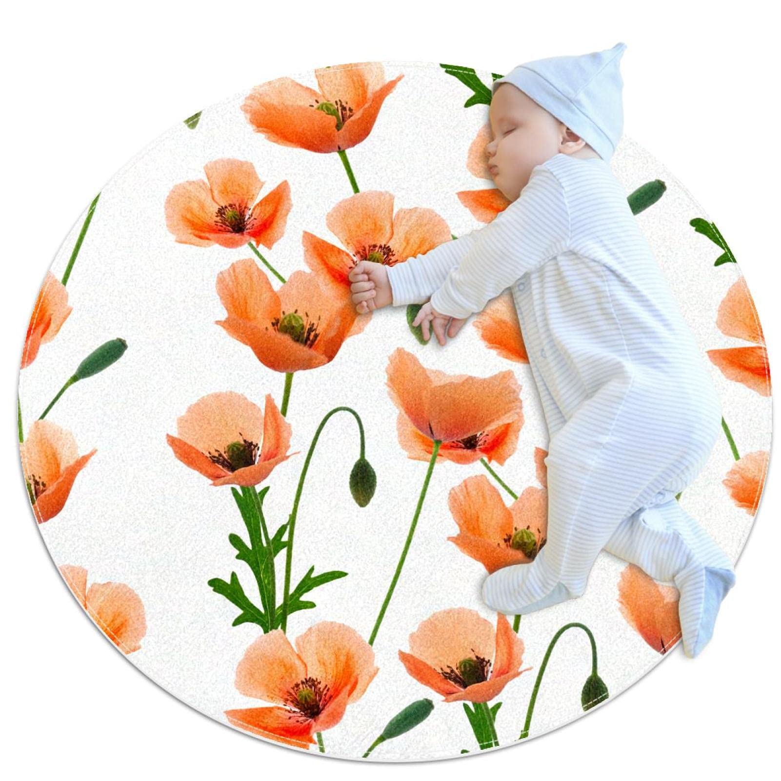 Tapis de salle de bain rond de 1m au motif floral orange avec envers antidérapant
