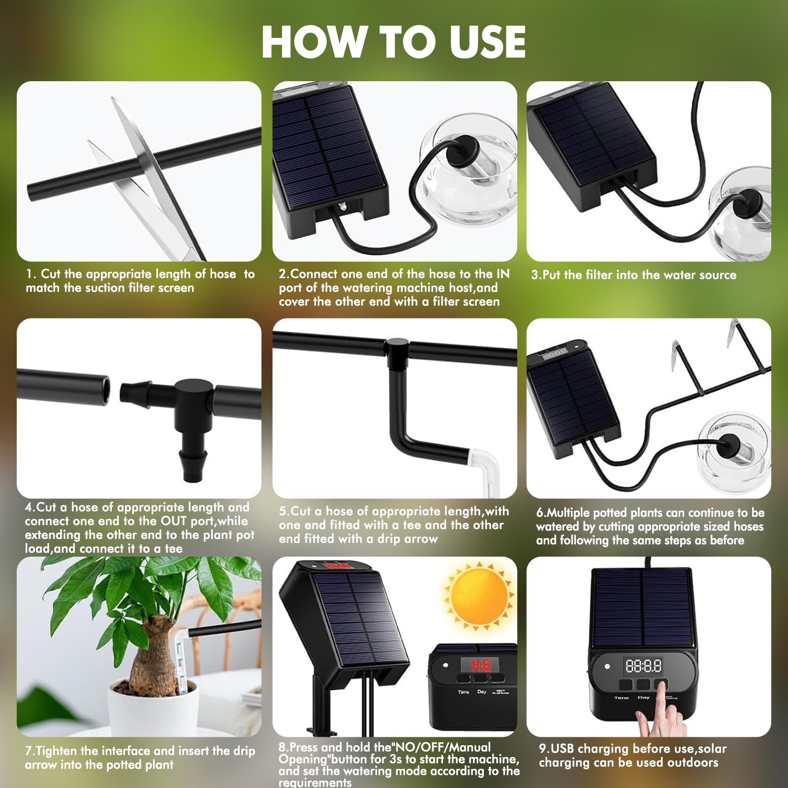 Nikou Solar Bewässerungssystem, Automatische Garten Tröpfchenbewässerung mit Timer, Wassersensor und 15M Schlauch, Selbstbewässerungsgeräte für Garten, Pflanzen, Kübelpflanzen im Freien