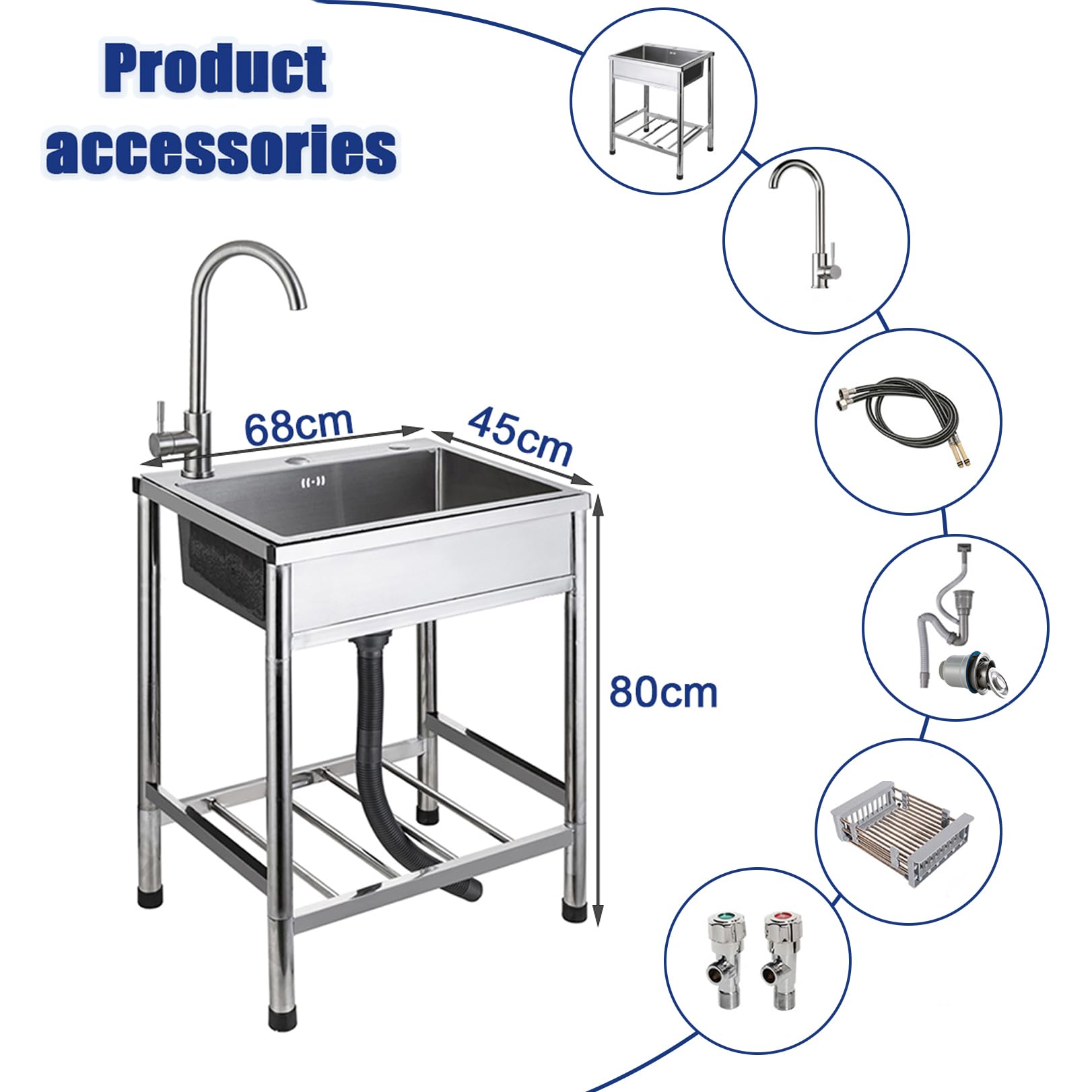 Évier Portable autoportant d'extérieur, en Acier Inoxydable, pour Cuisine, Jardin, Camping ou Usage Commercial. Robinet et Tuyau d'évacuation Inclus. Facile à Nettoyer.