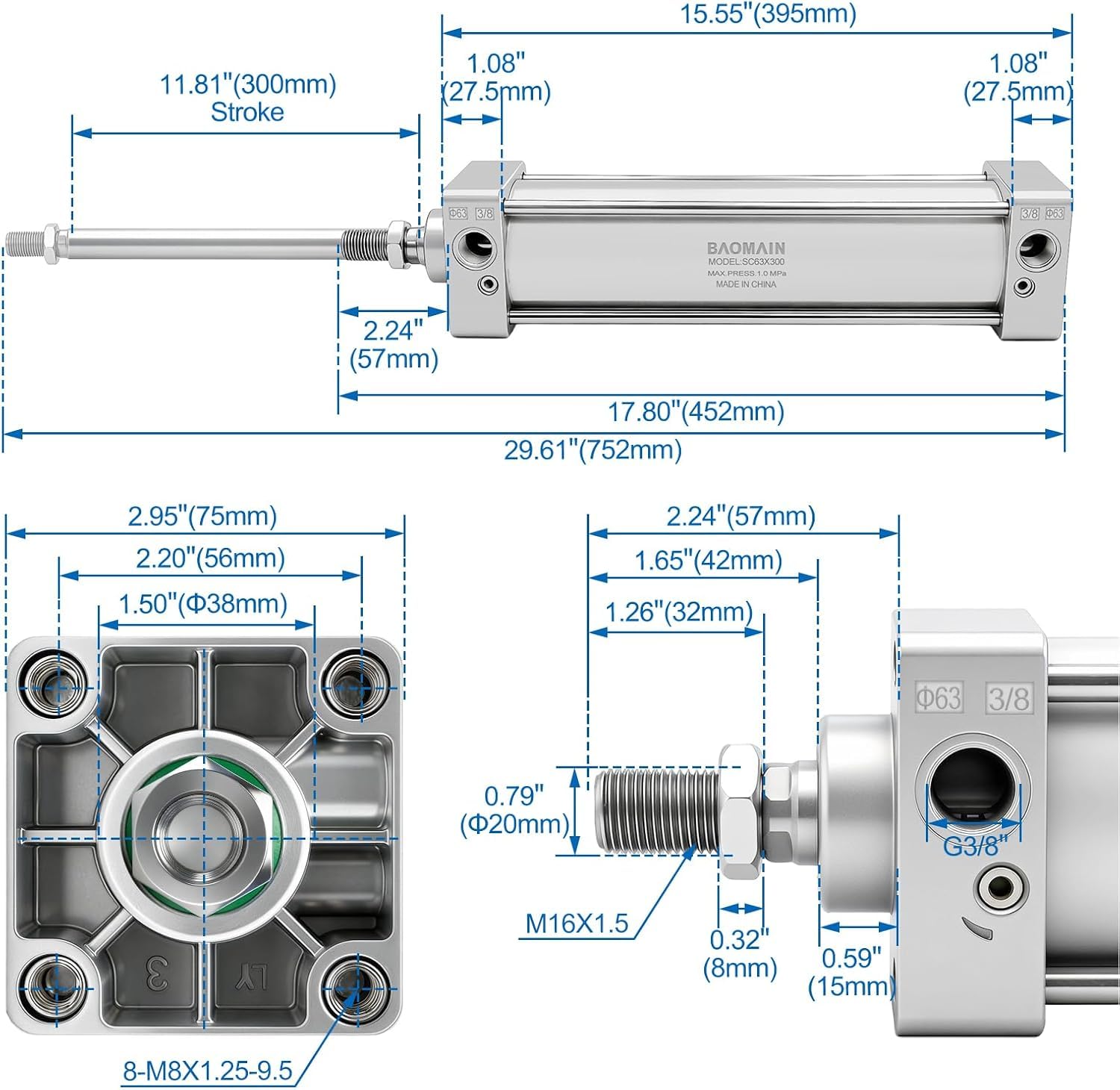 BAOMAIN SC 63 x 300 Pneumatikzylinder,Standardzylinder Doppeltwirkend, 63mm (2-1/2") Bohrung, 300mm Hub, 1 MPa, PT 3/8" Anschluss, Luftzylinder für Industrie & Automatisierung