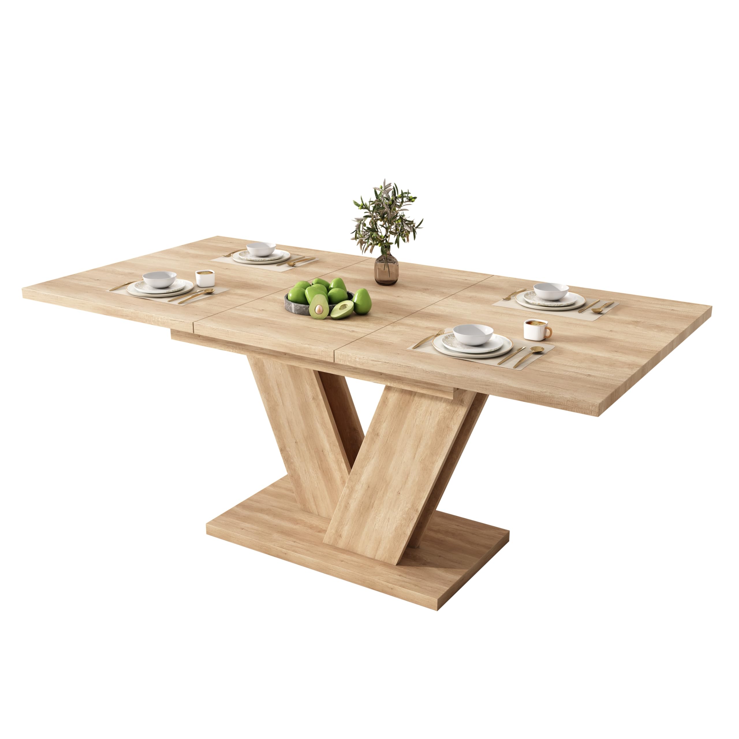 Moimhear Mesa de comedor extensible 140 (180) x 80 x 75,5 cm, color roble, mesa de comedor rectangular para 4-6 personas, patas en V, estilo simple