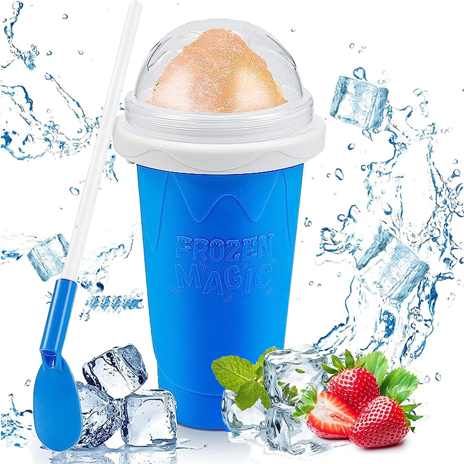 GGEROU Slushie Maker, Magic Quick Frozen Smoothies Cup, DIY Instant Icy Drinks in Moments, Double Layer Silicone Squeeze Cup (Blue)