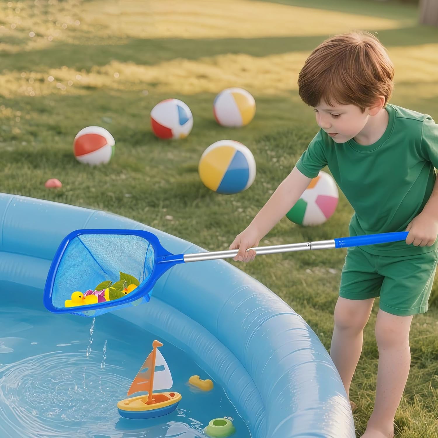 Recogehojas para Piscinas 195cm, Red de Limpieza de Piscinas,Recogehojas Piscina Malla Fina, Ajustable Mango, para Debris,Leaves,Unsectos y Otros Sedimentos