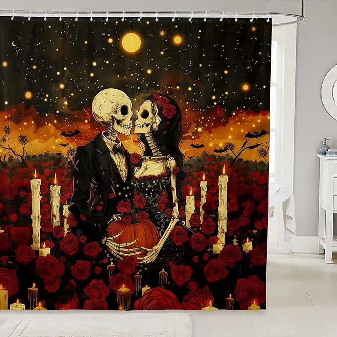 Feelyou Halloween Sugar Skull Fabric Shower Curtain for Adult Couple Boys Girls Red Rose Shower Curtain Candle Bathroom Waterproof Accessories with 12 Hooks Romantic Curtains,72x78 Inches