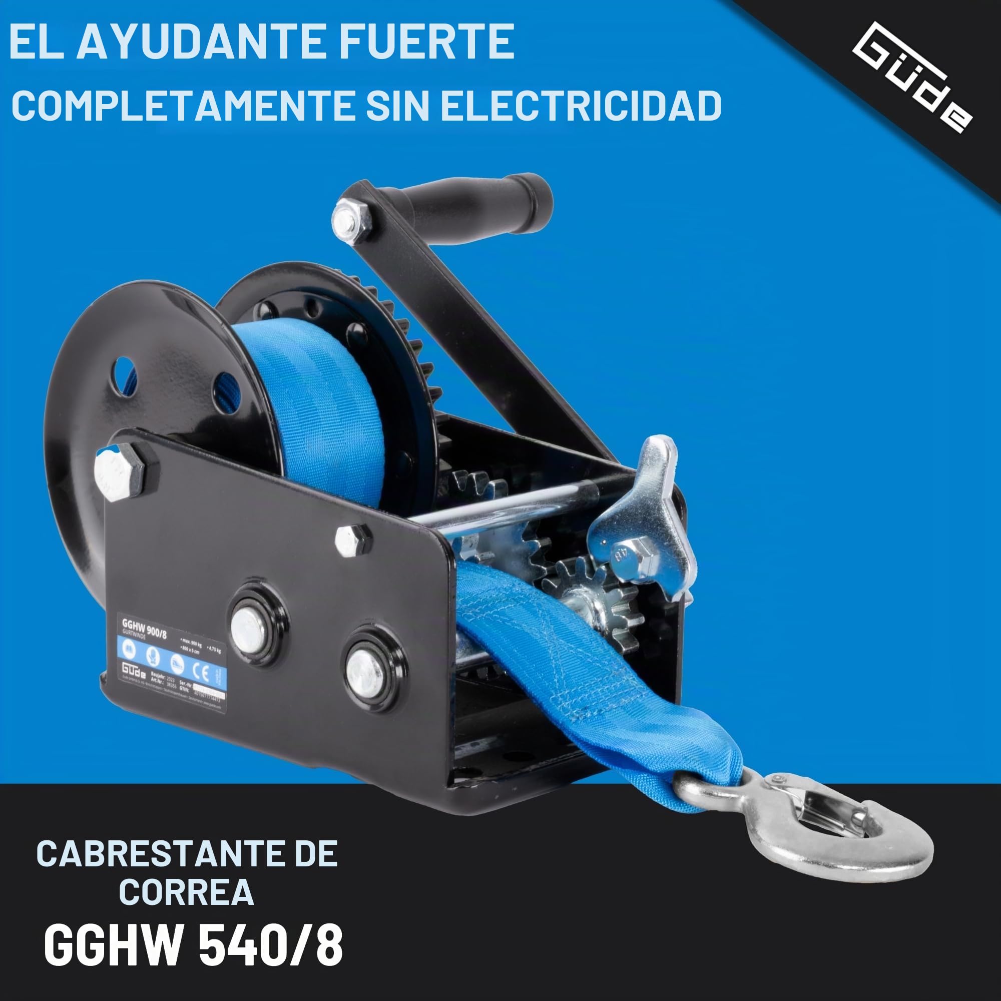 Güde Cabrestante GGHW 900/8 (900 kg de fuerza de tracción, 8 m de longitud de la correa, 5 cm de ancho de la correa, gancho de carga con apertura de gota, palanca de bloqueo, manivela con mango suave,