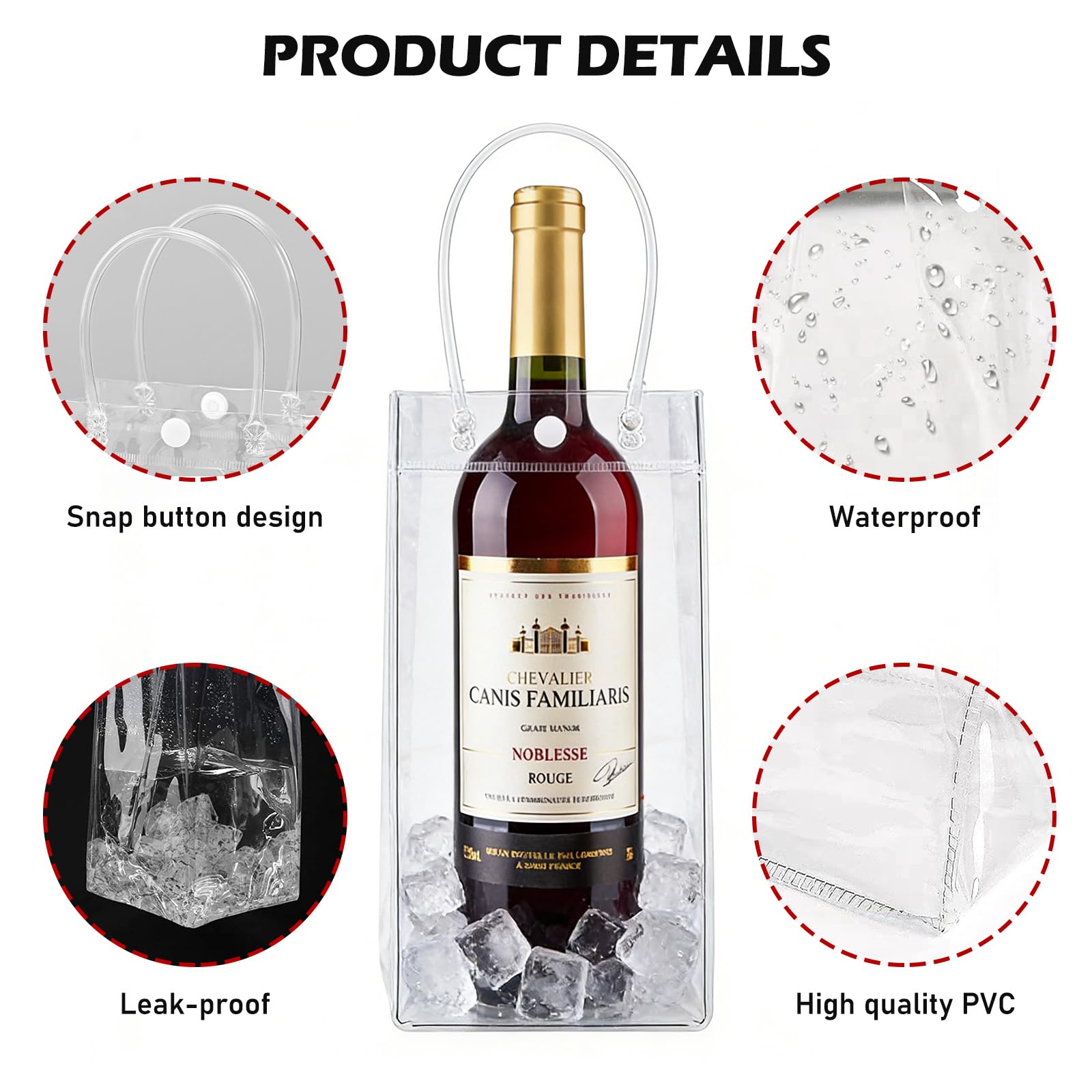 Lot de 24 refroidisseurs de bouteilles Ice Bag - 10 x 25 x 10 cm - Transparent - Sac à glace en PVC - Sac à glace anti-fuite avec poignée pour bière froide, vin, boissons, fête, extérieur