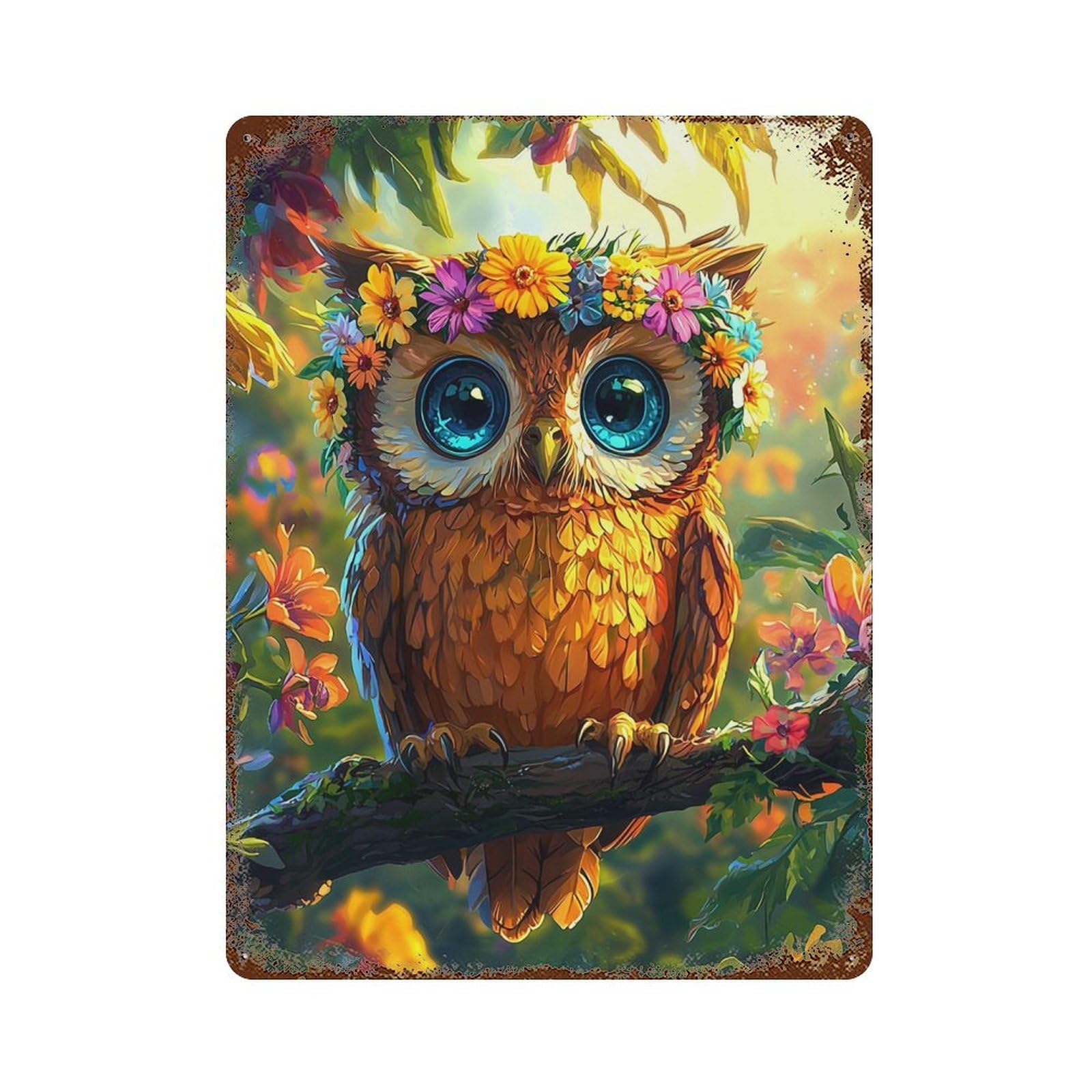 Floral Crowned Owl Art Print Decorative Tin Sign 15.7"x11.8", for Garage, Bar And Workshop Decor, Novelty Wall Decor