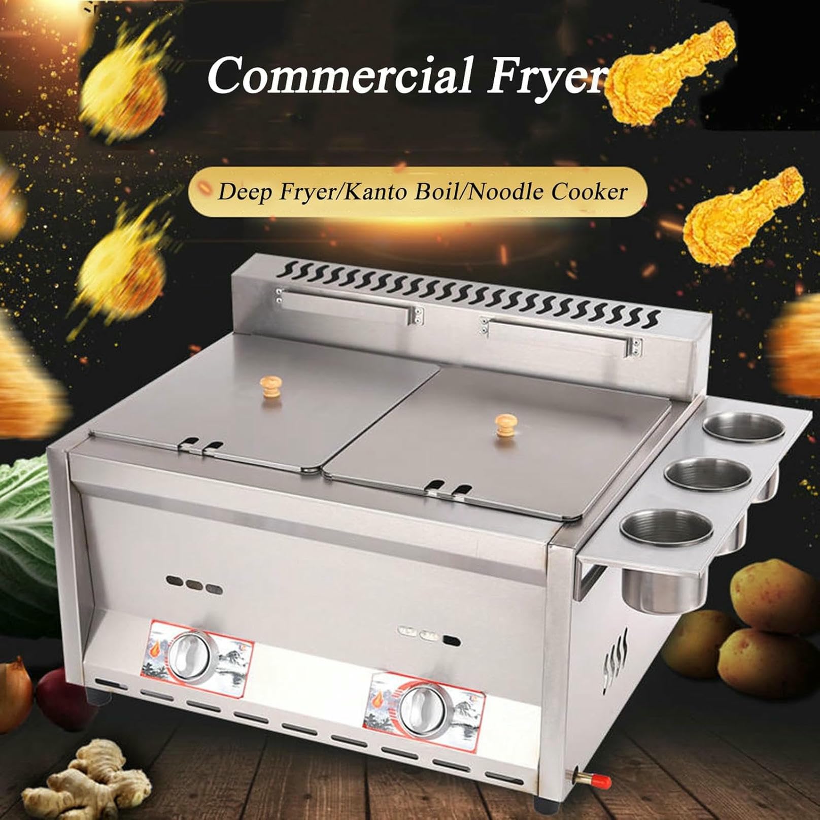 Freidora Industrial de Gas de sobremesa - 2 x 8 L - Acero Inoxidable con Cesta y Tapa - Ideal para Uso doméstico y en restaurantes