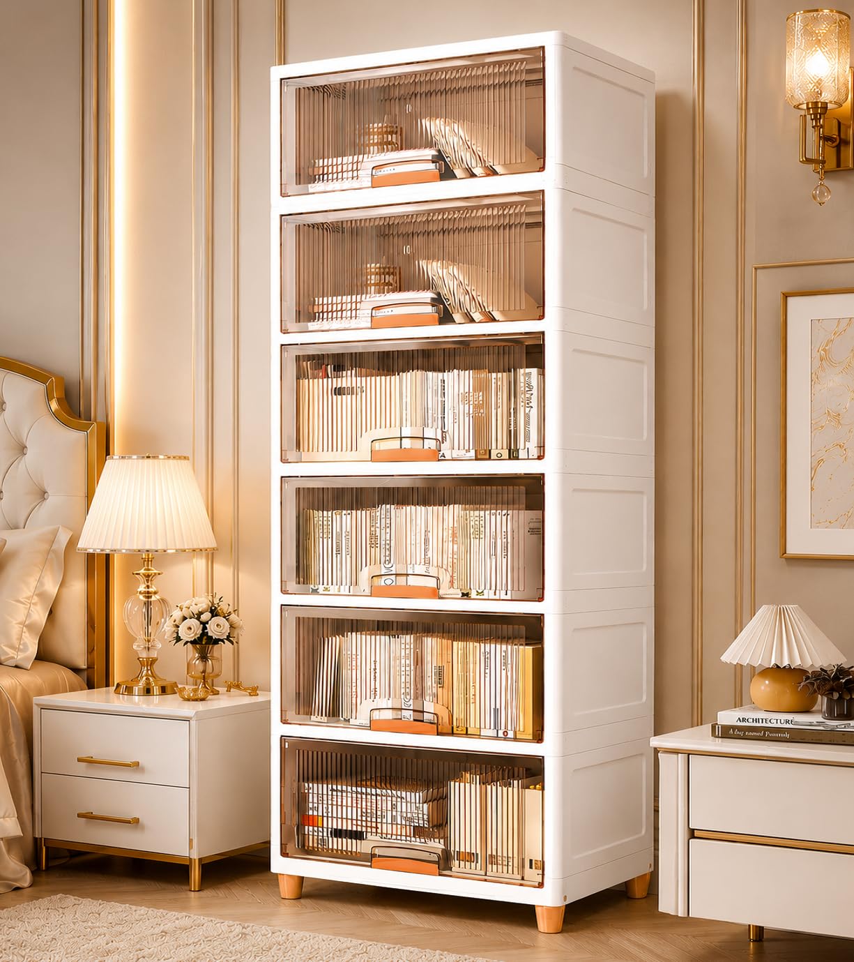 EXVITO 6 Tier Foldable Wardrobe for Bedroom Clothes Storage Cabinet | Collapsible Plastic Almirah Organizer with Magnetic Doors & Wheels | Stackable Cupboard for Clothes Storage - Beige-image-30