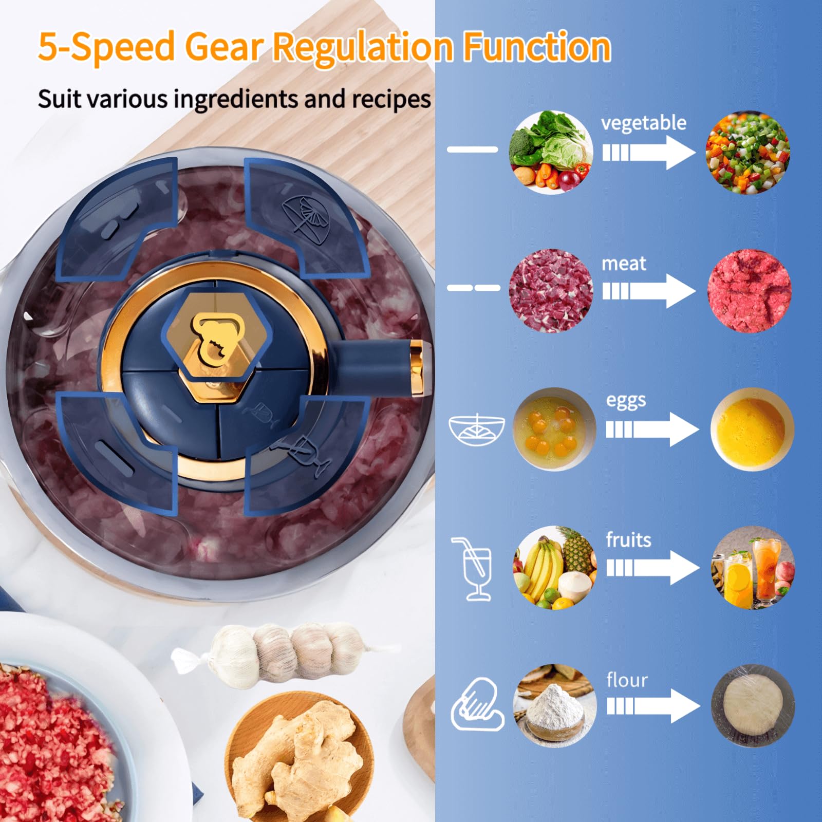 Picadora eléctrica de 5 velocidades con capacidad de 5 litros, potencia de 500 W, dos juegos de 6 cuchillas para carne, nueces, frutas, ajo, verduras y mezcla de masa, plata, para cocina doméstica