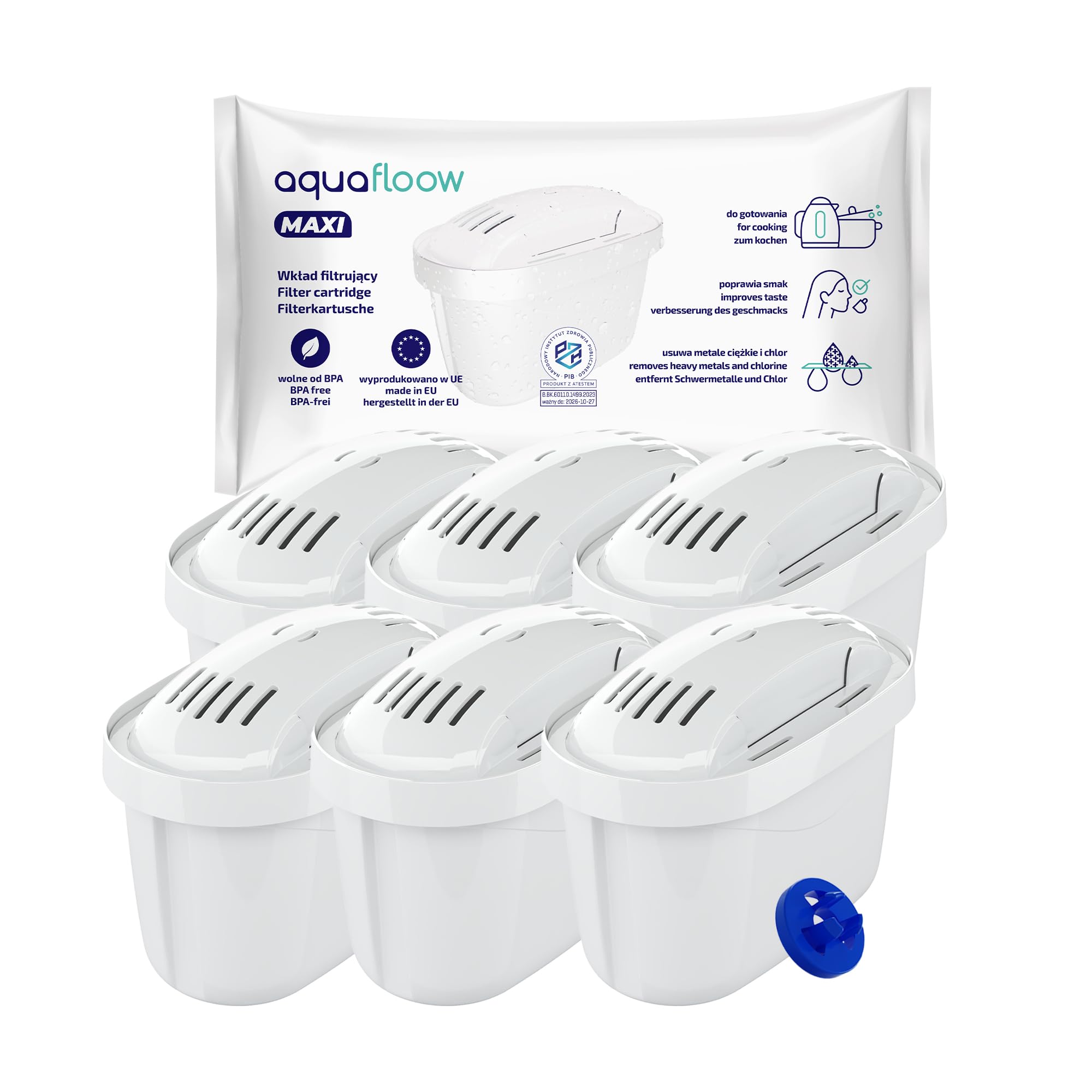 Aquafloow Set 6 Cartucce Filtranti Acqua | Compatibili con Brita Maxtra+, Maxtra Pro, Caraffe Marella, Style, Elemaris | Riduce Cloro, Calcare, Metalli Pesanti
