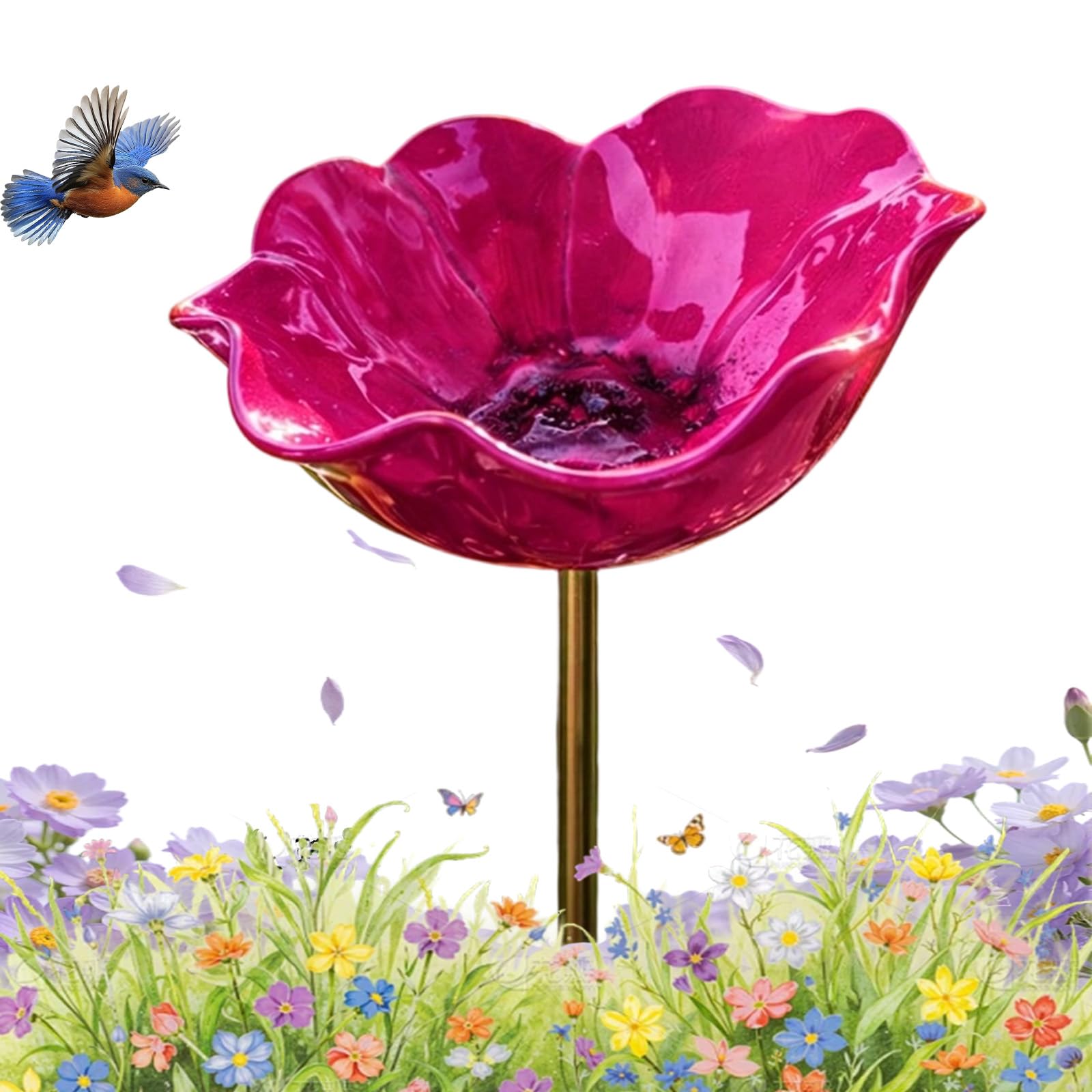Handmade Metal Flower Bird Bath Garden Stake, Red Poppy Bowl, Rustproof, Bee Watering Station for Outdoor Flower Beds (C)