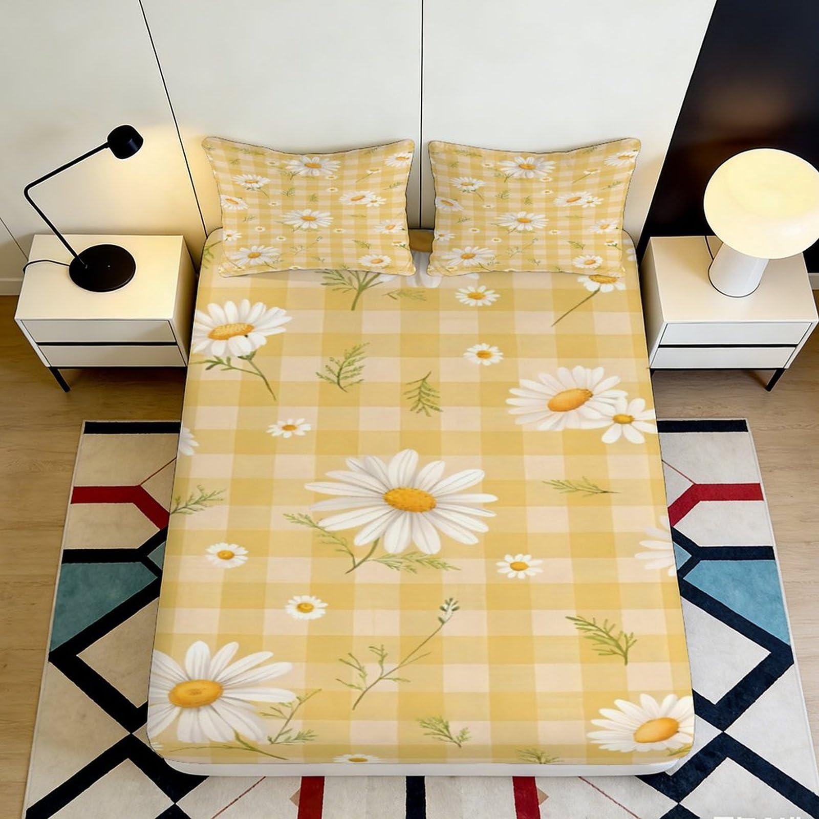 3D Printed Plaid Daisy Fitted Sheet Microfiber Non-Slip Deep Pocket Plaid Daisy Mattress Fitted Cover for Bedroom 90x200x25cm