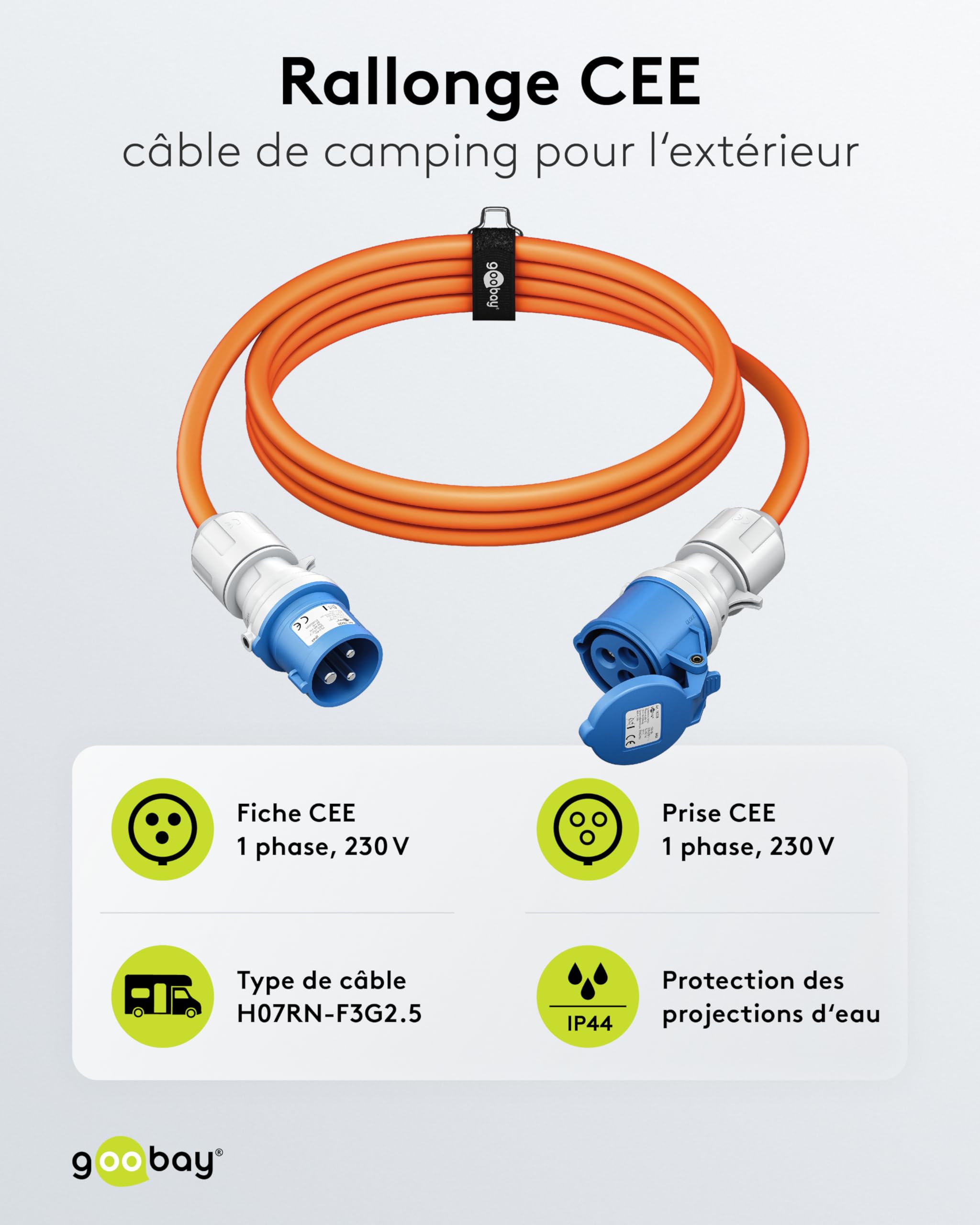 goobay Rallonge CEE pour Caravane 5 m Prise CEE vers Prise CEE avec Capuchon de Fermeture IP44 Câble pour Camping, Camping-Car et Caravane - 76228