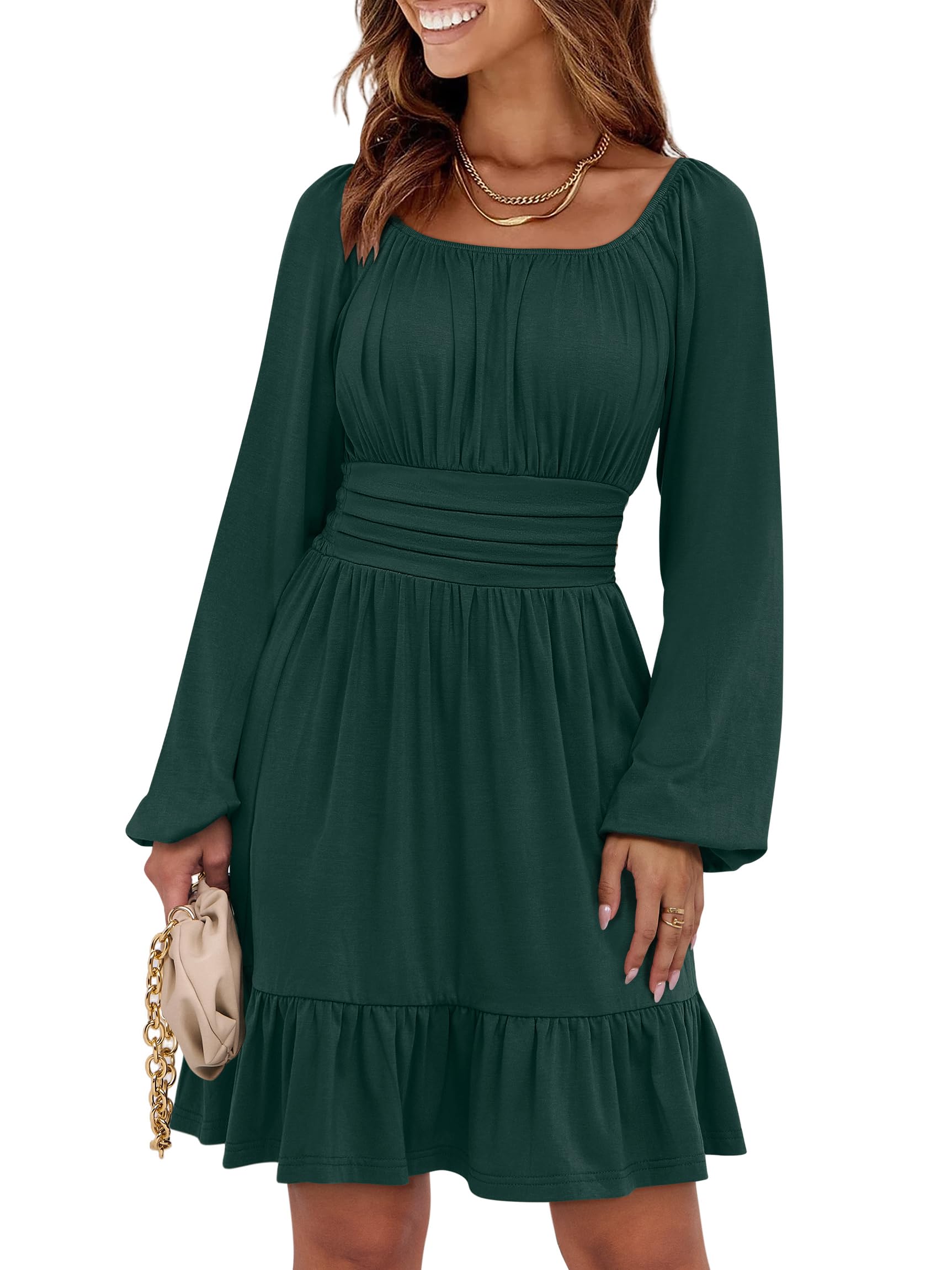 ANRABESS Womens Dress Long Lantern Sleeve Square Neck Elastic Waist Ruffle Flowy Swing A-Line Short Dresses 2025 Fall