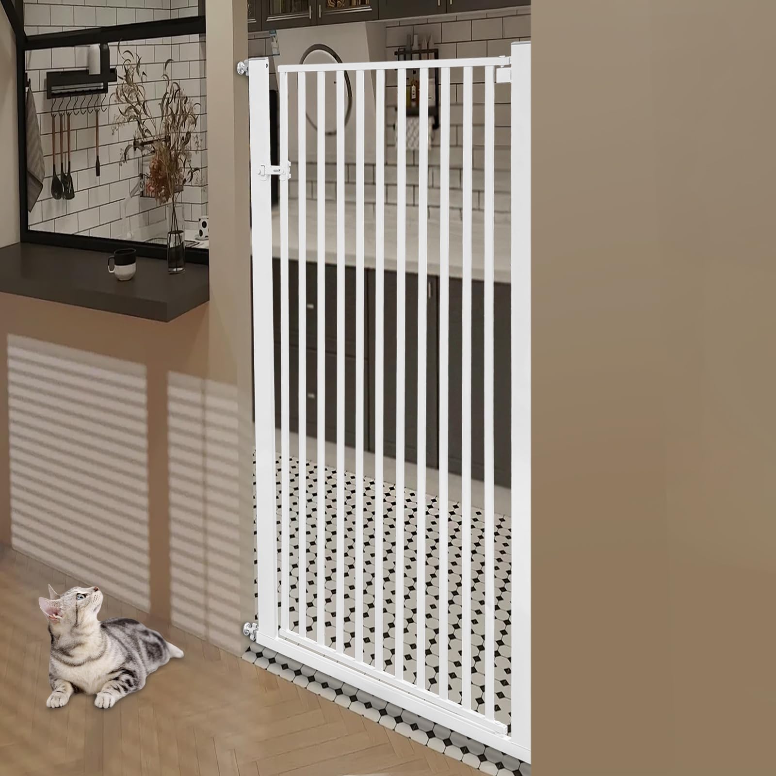 Barrera de seguridad para escaleras para niños, rejilla de puerta de 150 cm para gatos, rejilla de puerta sin perforación para bebés, gatos y perros | Ancho: 90-97 cm | Gira a ambos lados (270°