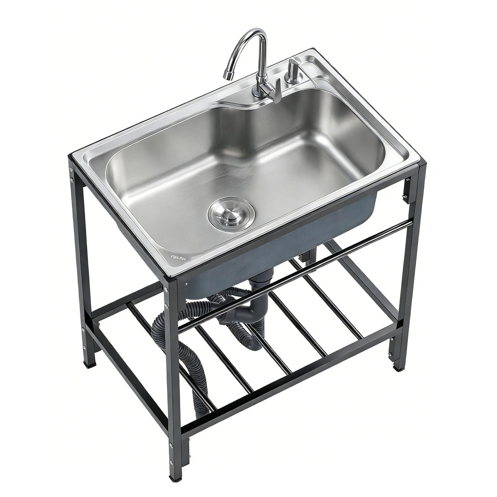 Évier Utilitaire autoportant en Acier Inoxydable avec bonde, Robinet d'eau Chaude et Froide pour lavabo extérieur, cuve Unique pour Cuisine Professionnelle, Garage, Atelier, buande