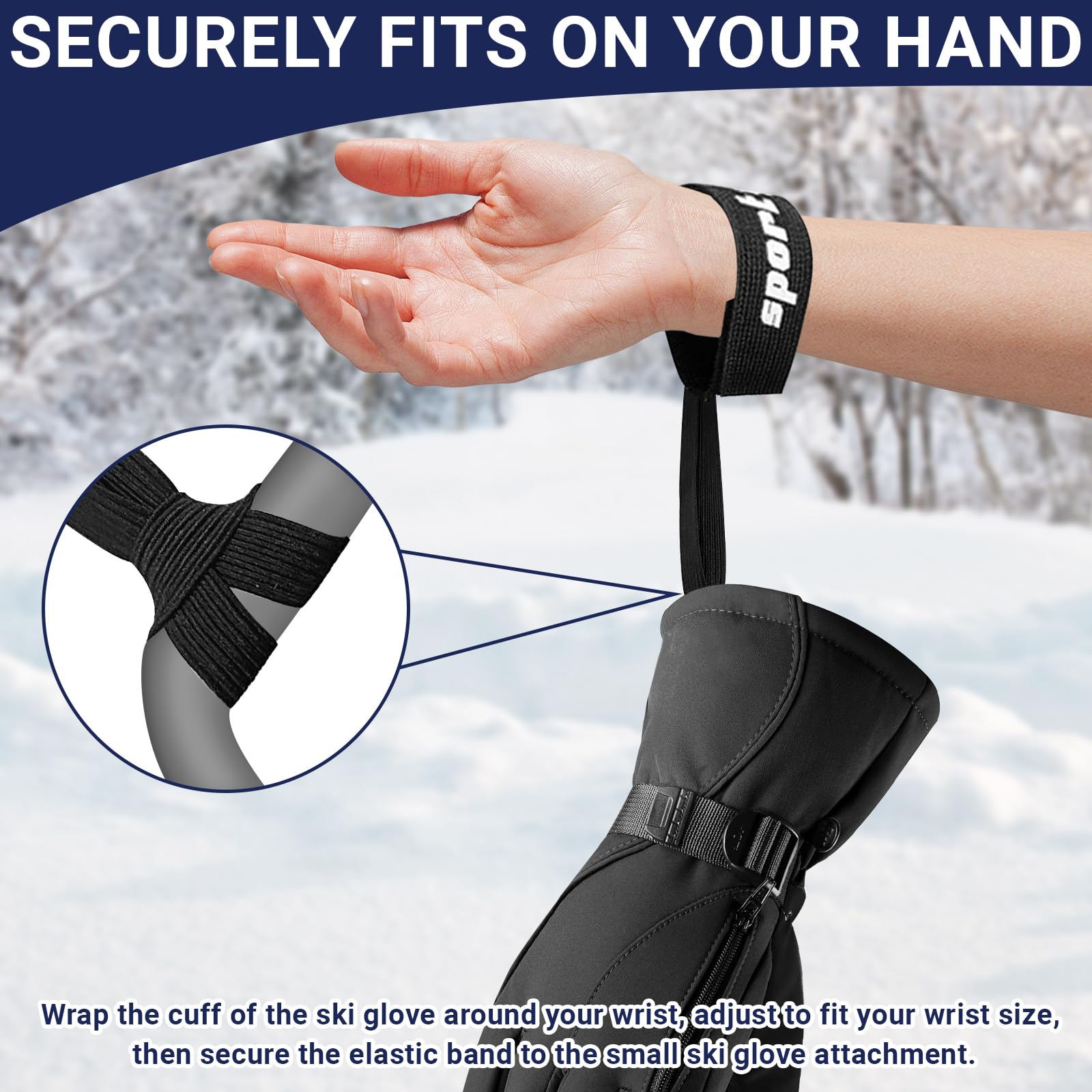 Laisse pour Gants de Ski, Sangle de Sécurité Élastique Réglable, Accessoires de Ski (Noir) 4 Pièces