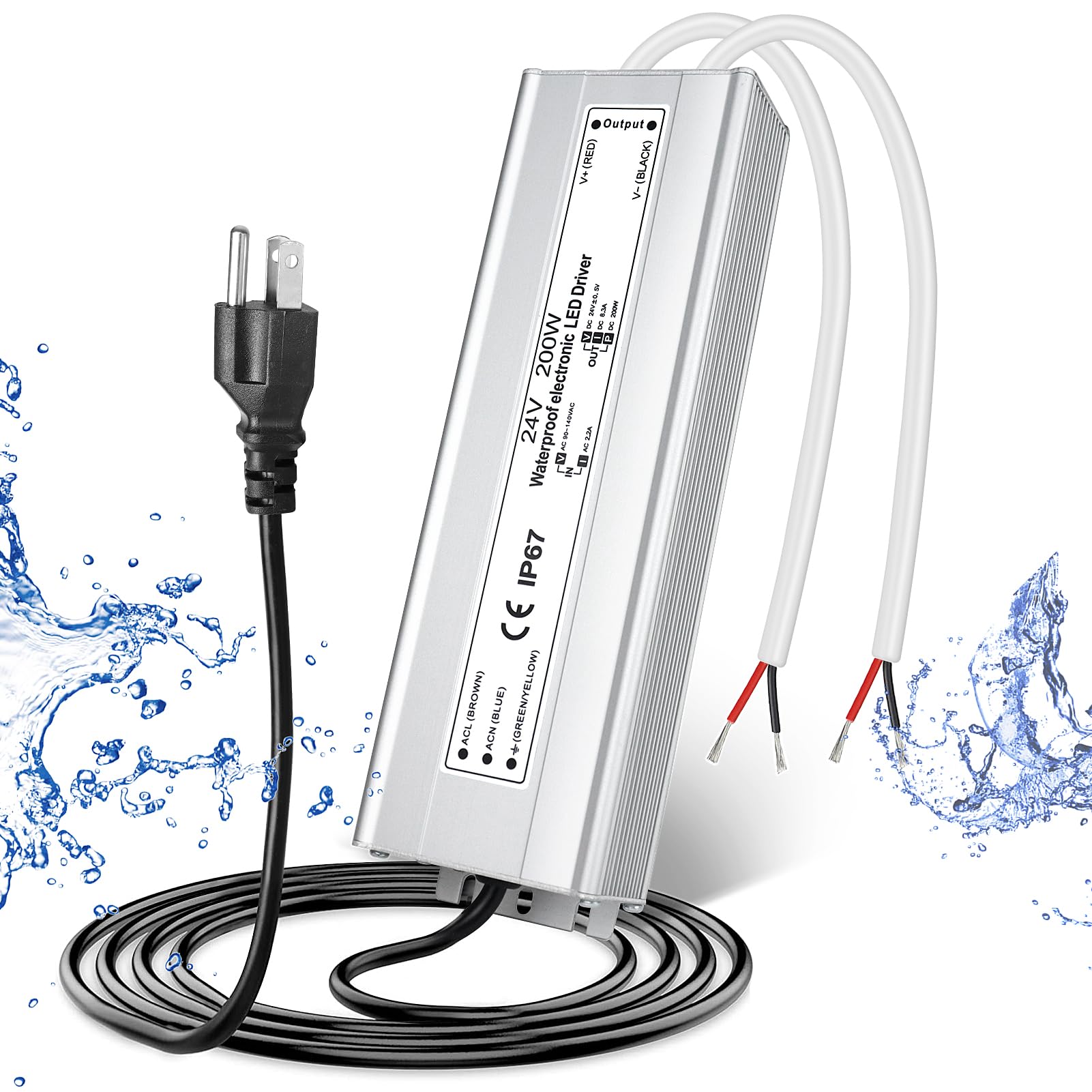 24V 200W LED Power Supply, Waterproof IP67 LED Driver, AC 110V to DC 24 Volt Low Voltage Transformer with 3-Prong Plug 3.3 Feet Cable for Indoor Outdoor LED Light, Computer Project