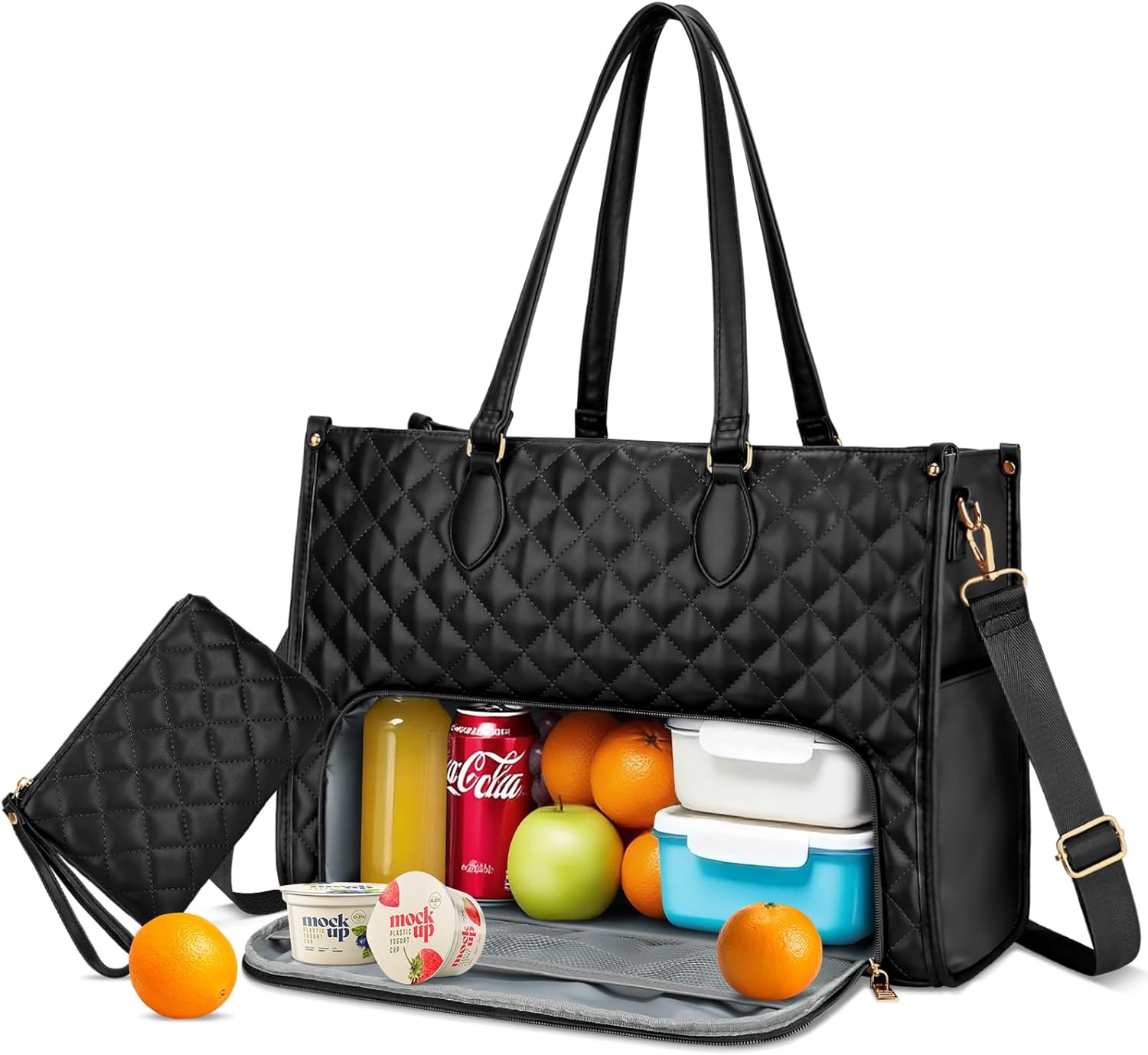 KKXIU Lunch Bag for Women - 15.6" Laptop Bag with Insulated Lunch Compartment, 2 in 1 Tote & Lunch Bags Combo with Large Capacity, Quilted Computer Handbag for Work, Office, Nurse, Teacher (Black)
