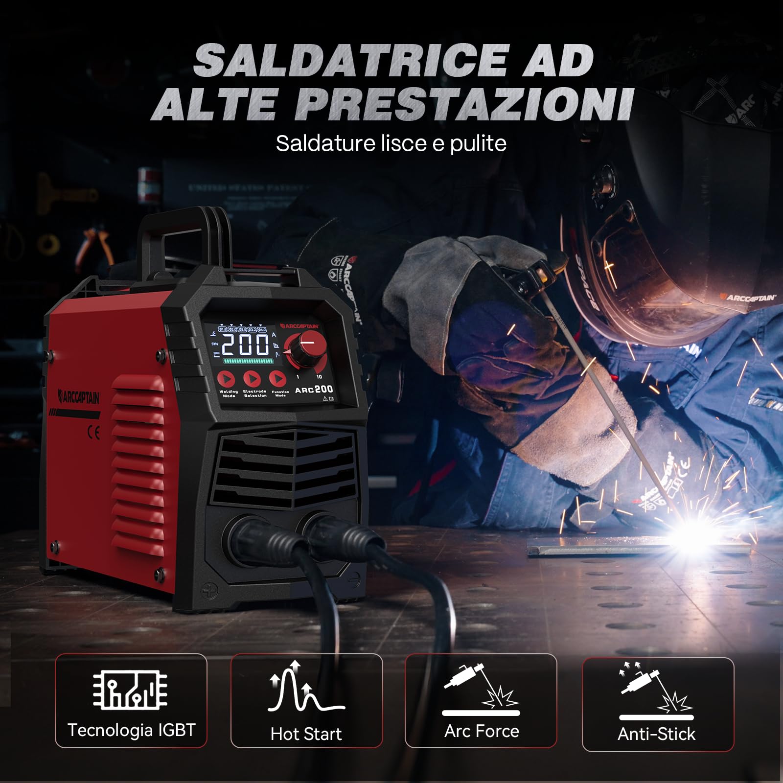 ARCCAPTAIN Saldatrice Elettrodo ARC 200A, 230V MMA Inverter Saldatrice con Ampio Display LED-SYN Controllo Collaborativo, Avere Lift TIG Funzione/IGBT/Anti-Stick/Avvio a Caldo/Protezione Termica