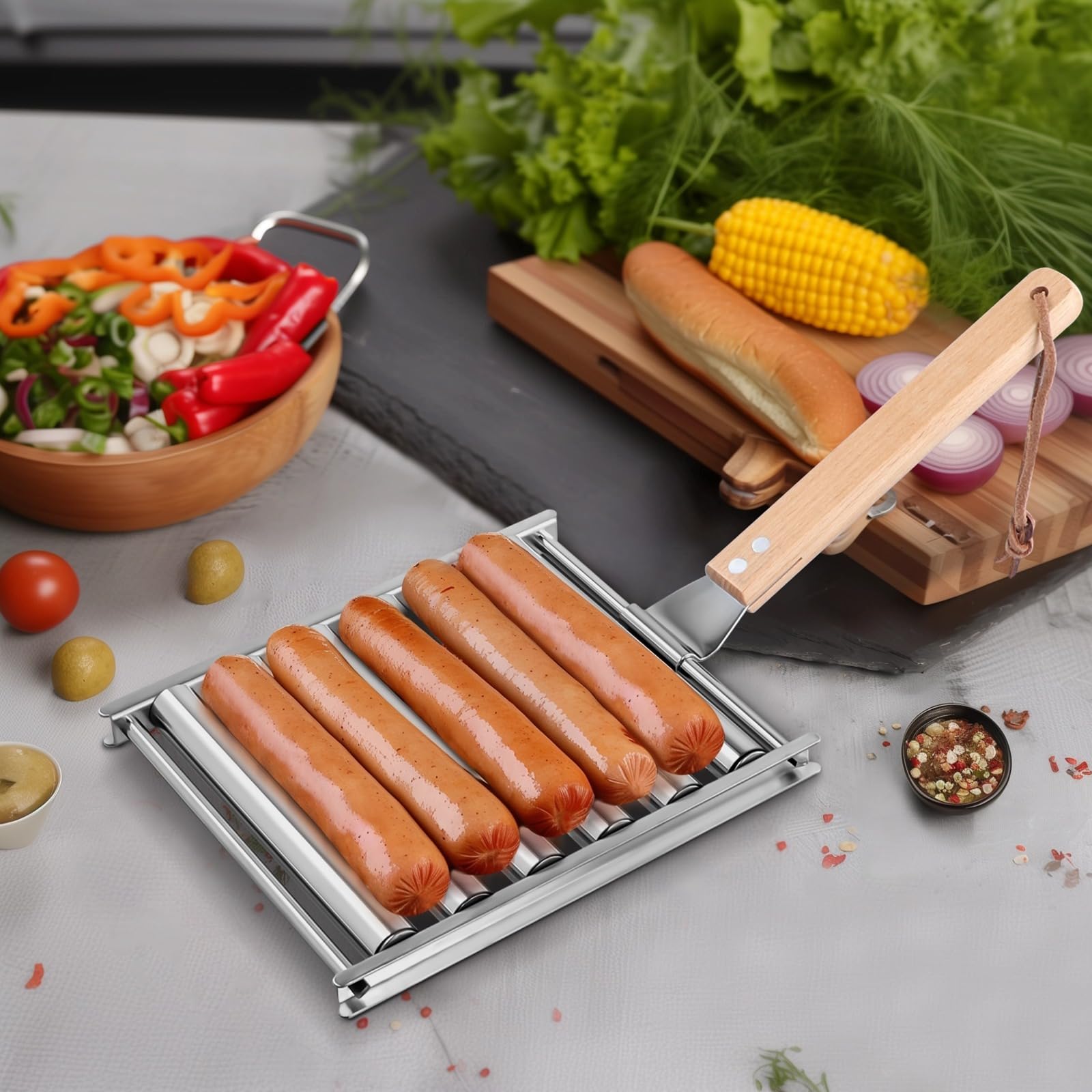 Generisch 2 STK. Hot Dog Roller für Grill, BBQ Hot Dog Roller aus Edelstahl mit Holzgriff, Barbecue-Roller für Hot Dogs und Würstchen, mit 6 drehbaren Stäben, Grillzubehör für draußen, 6,5 x 5,5 Zoll