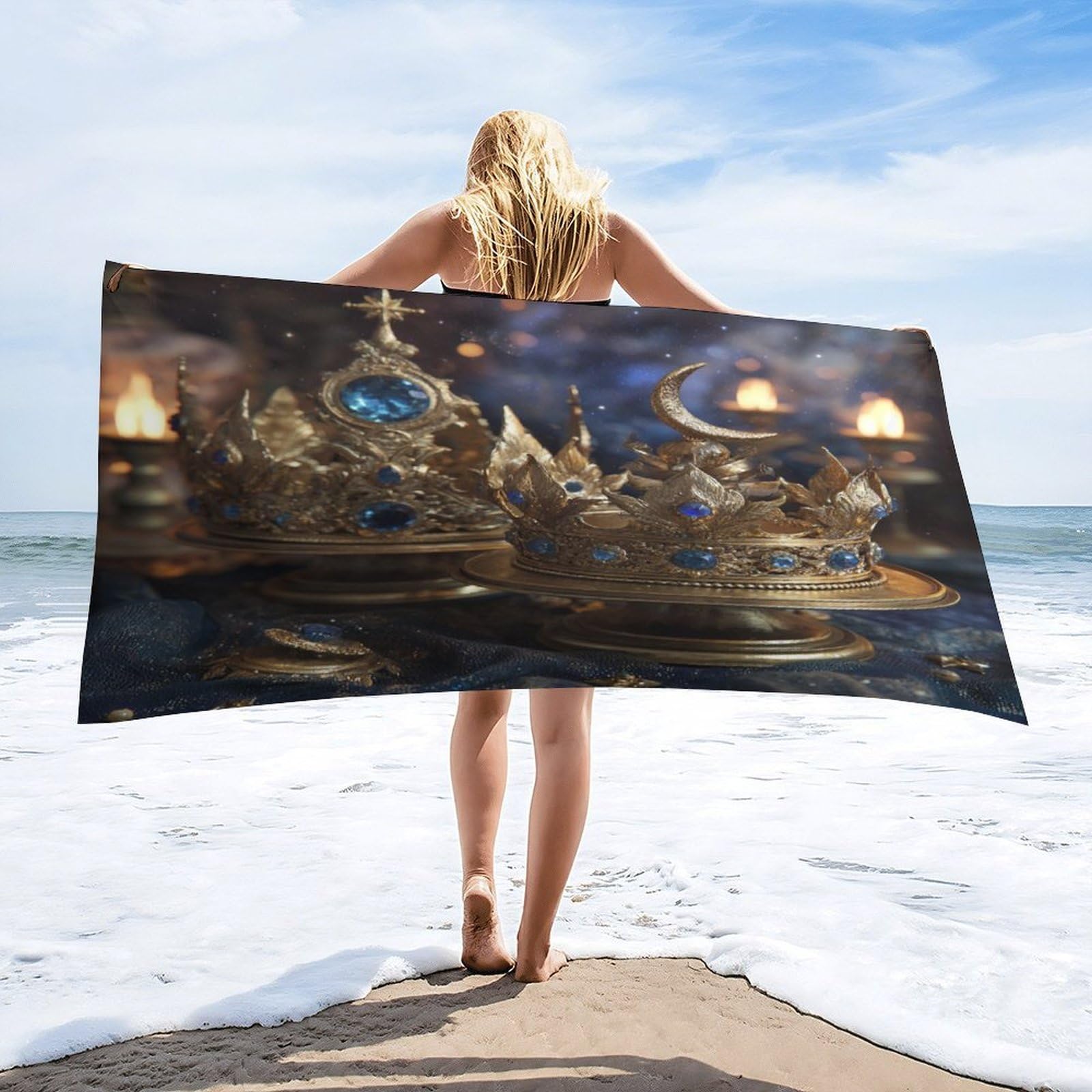 Luyysky Fantasy Luxury Crystal Crown Quick-Drying Beach Towel, Abstract Watercolor Sun Moon Crown Couple Pattern Travel Vacation Single Sided Pile Bathroom Towels-80 W Cm X 160" L Cm