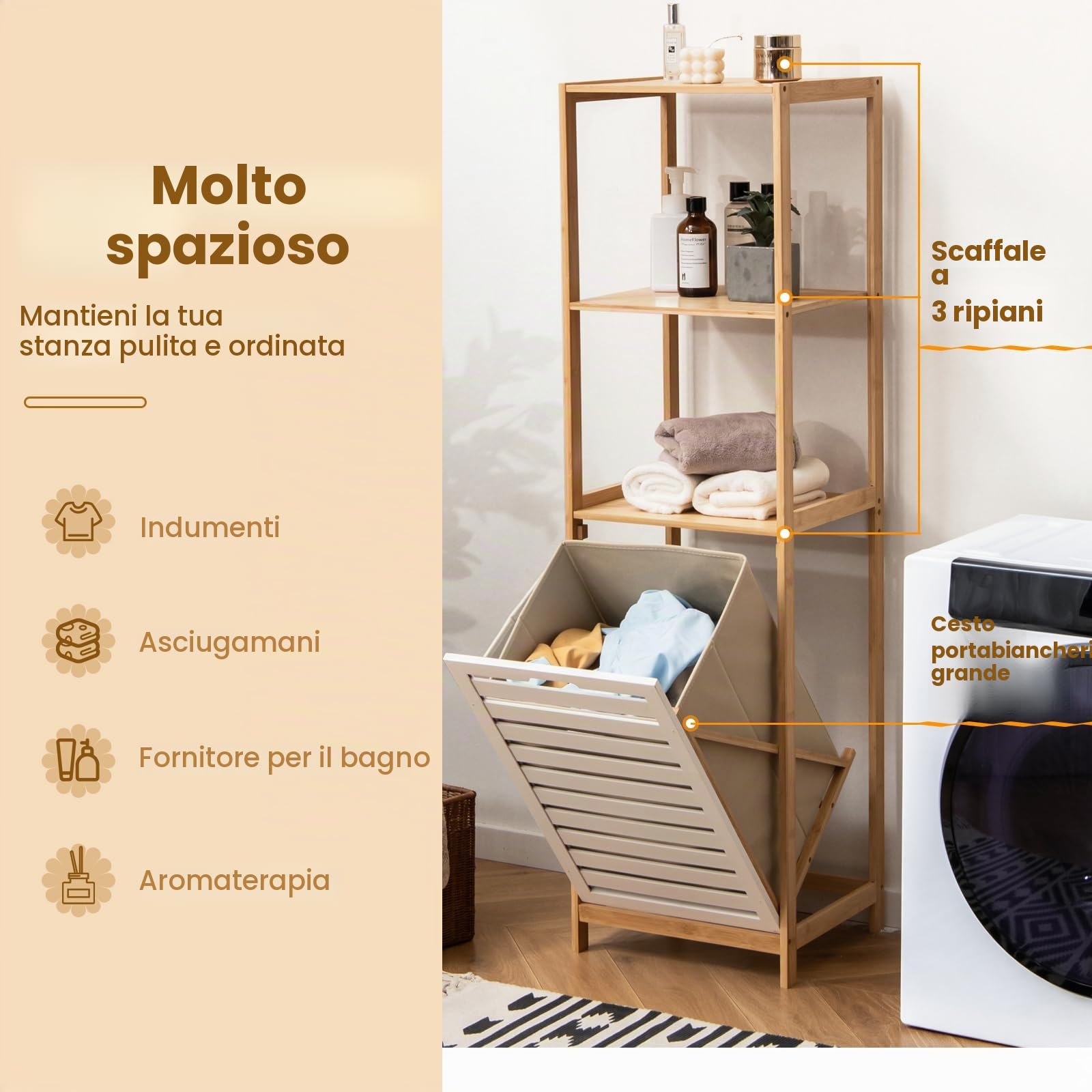 LIFEZEAL Armadio da Terra, Scaffale da Bagno a 3 livelli, Cesto Portabiancheria in Bambù, Mobile Biancheria Sporca, Porta Biancheria Salvaspazio con Scomparto per Laundry,36x33x130cm