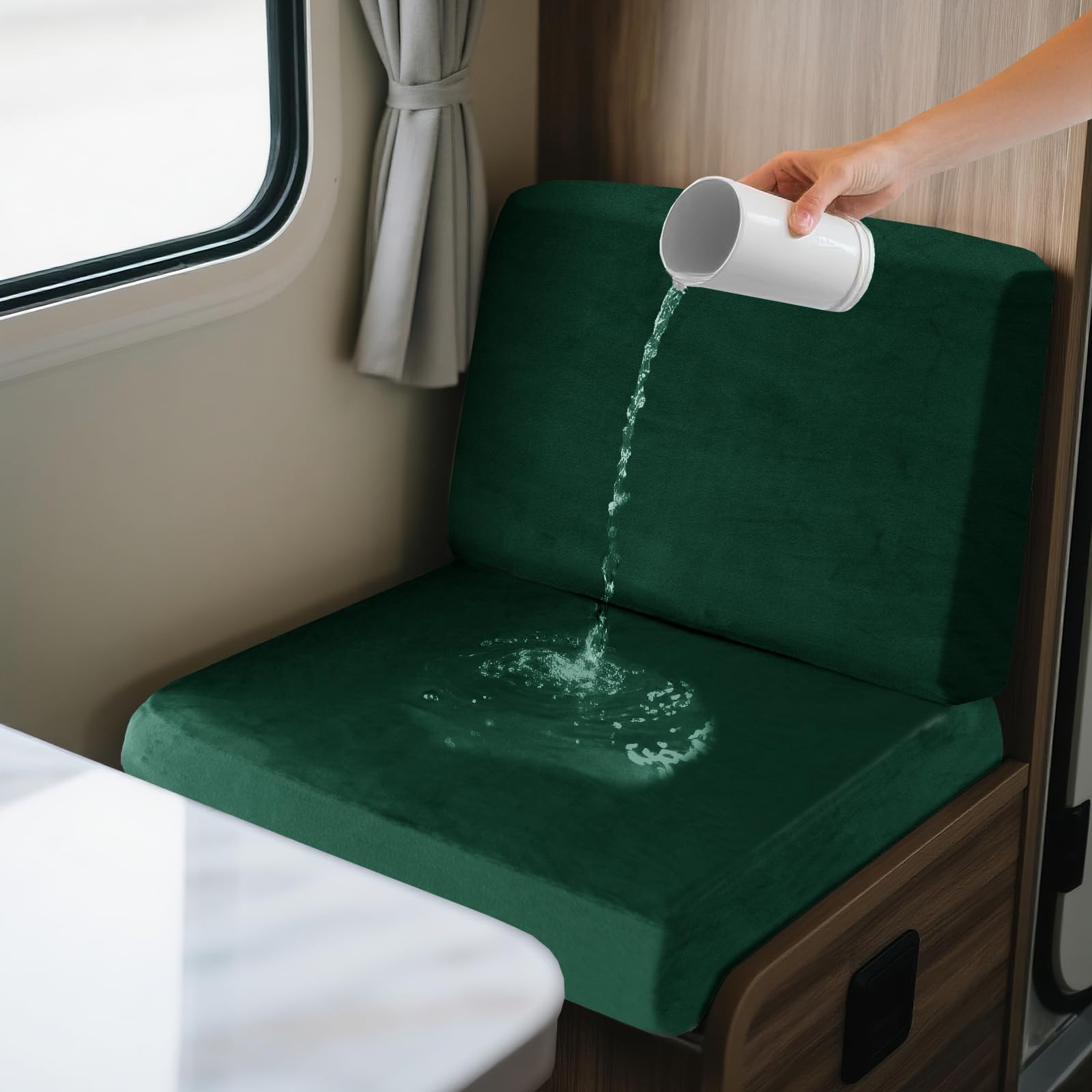 SYLC 2 Piece Waterproof Caravan Seat Covers and Backrest Cover, Non-slip Motorhome Dinette Cushion Covers with Ties, Stretch Campervan Seat Covers Velvet (Green,Square M)