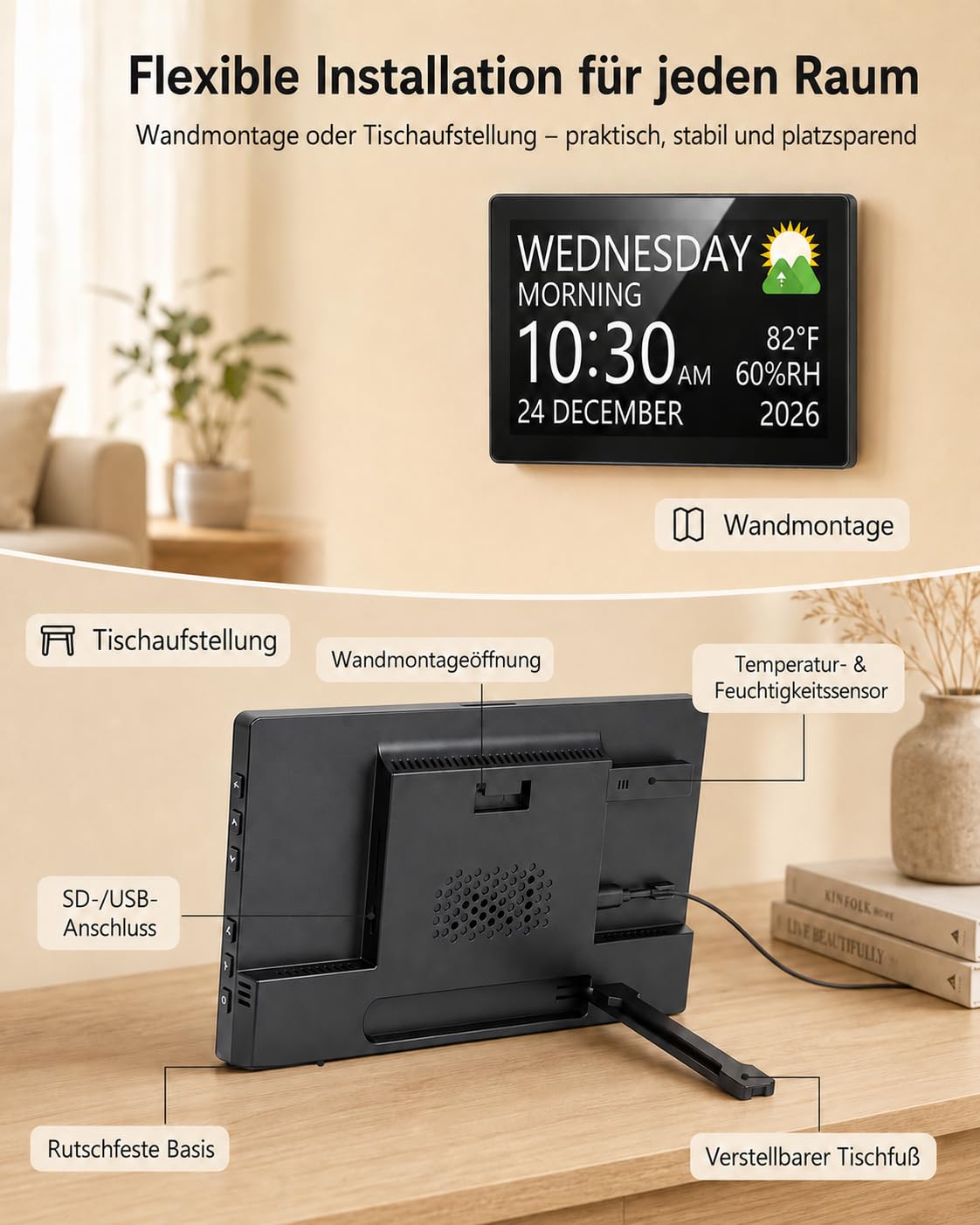 Roxicosly 10.1' Digitaler Kalender, Digital Uhr mit 20 Alarmen & Erinnerungen, 12 Themen, 12/24HTemperatur & Luftfeuchtigkeit, Dimmbar & 6 Sprachen, USB & SD, Wecker Digital für Senioren