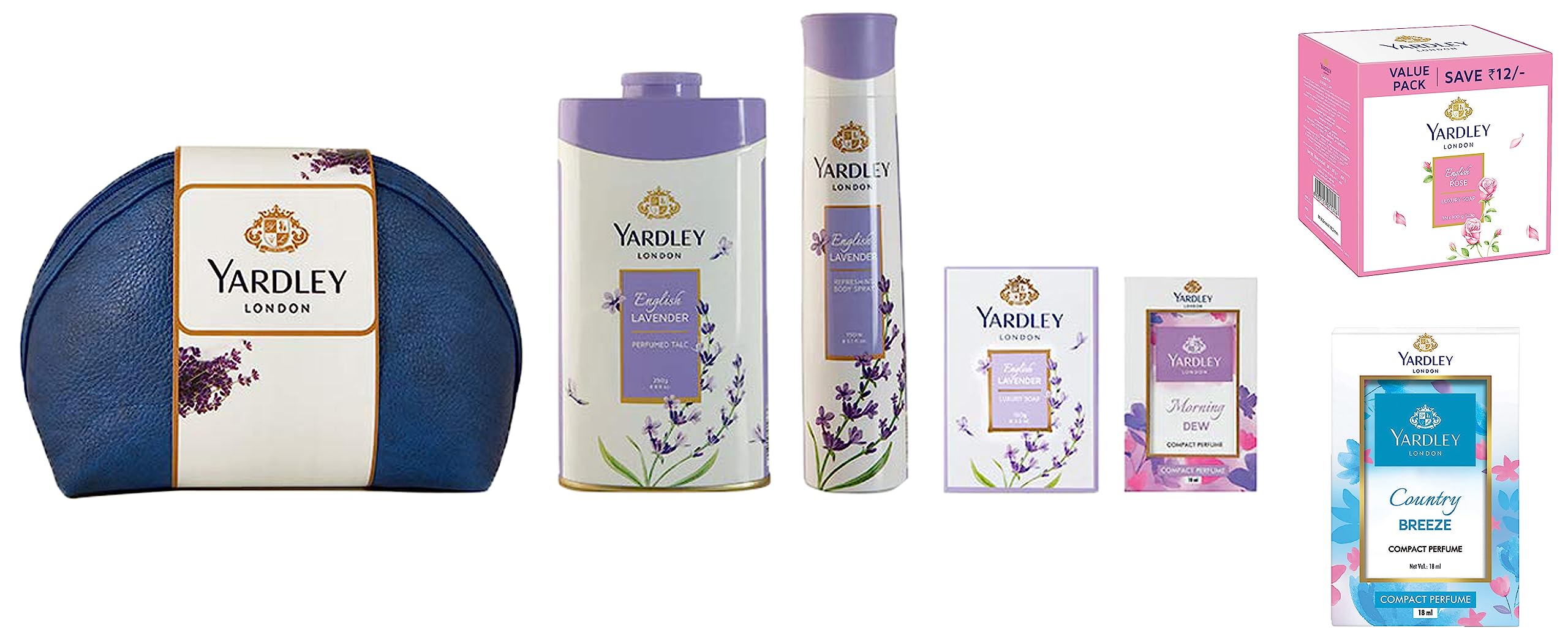 Yardley London English Lavender Range Gift Kit With Free Pouch, 518ml & London Country Breeze Compact Perfume Spray, 18ml & English Rose Luxury Soap, 100g (Pack Of 3) For Women