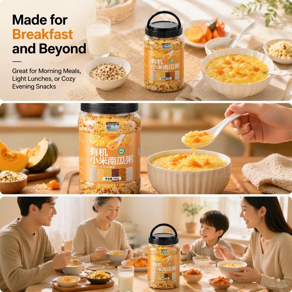 Mezcla De Gachas Calabaza Y Mijo Enlatadas, 950 G, Cereales Premezclados, Sin Remojo, Desayuno Merienda Fácil Preparación, Dulzura Natural, Tamaño Familiar