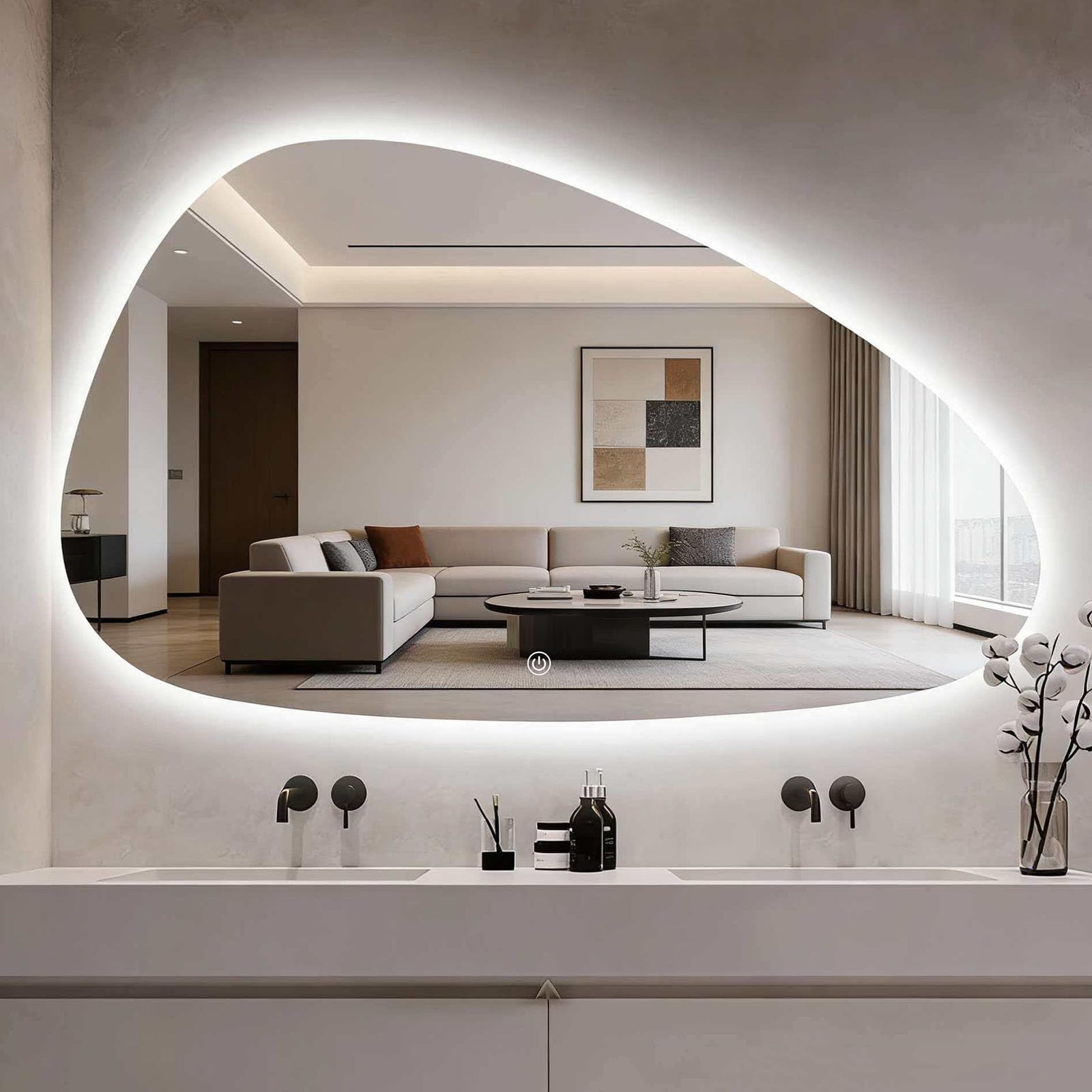SXFSDOU LED Illuminated Bathroom Mirror, Dimmable Touch Sensor, Asymmetrical Frameless Wall Mirror