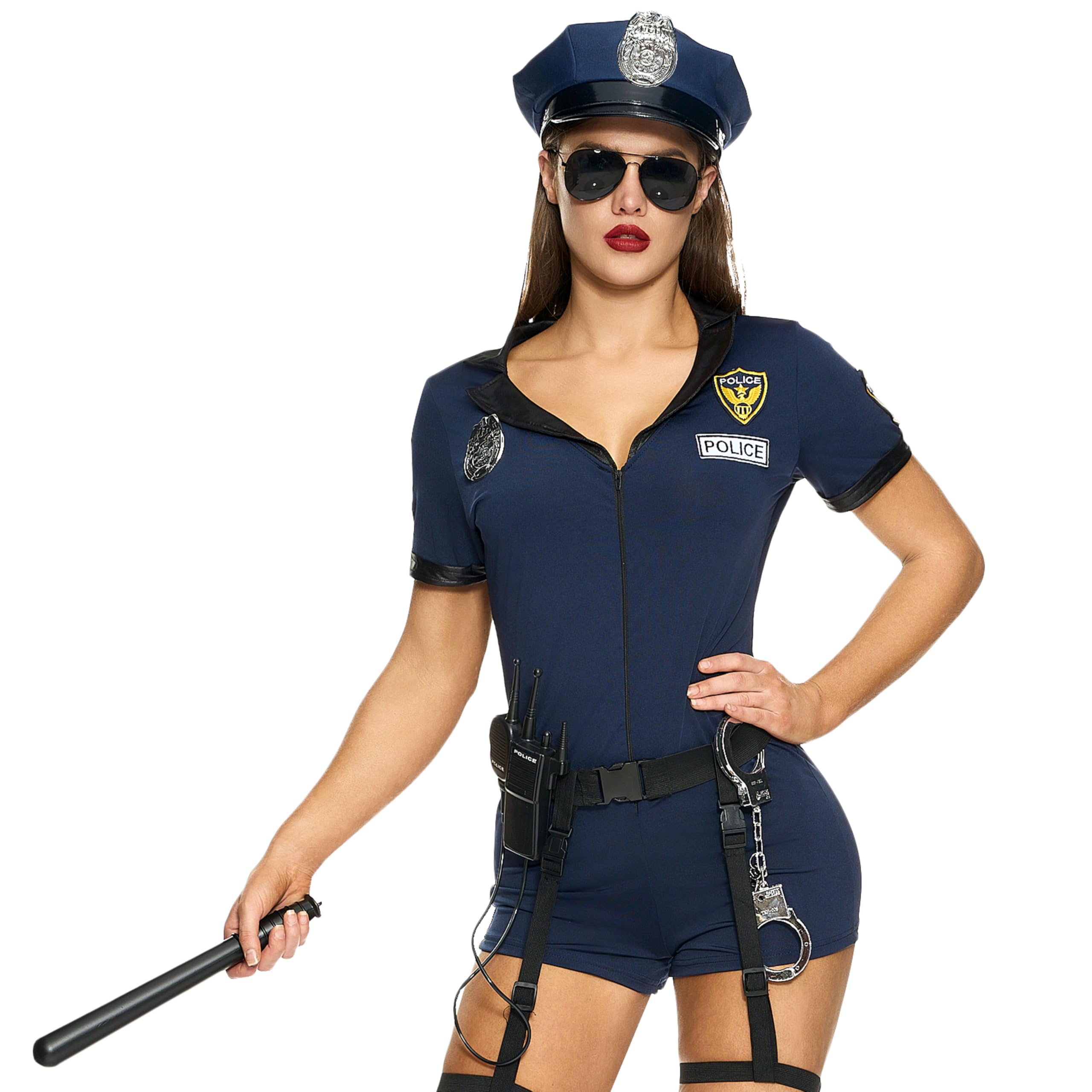 Spooktacular Creations Conjunto de disfraz de policía azul para mujer con mameluco, cinturón, sombrero, bastón, esposas, Walkie-Talkie para adultos, Halloween, fiesta, cosplay