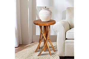 Teak Naturals 11.8" Round Wood End Table | Stick Leg Teak Stool