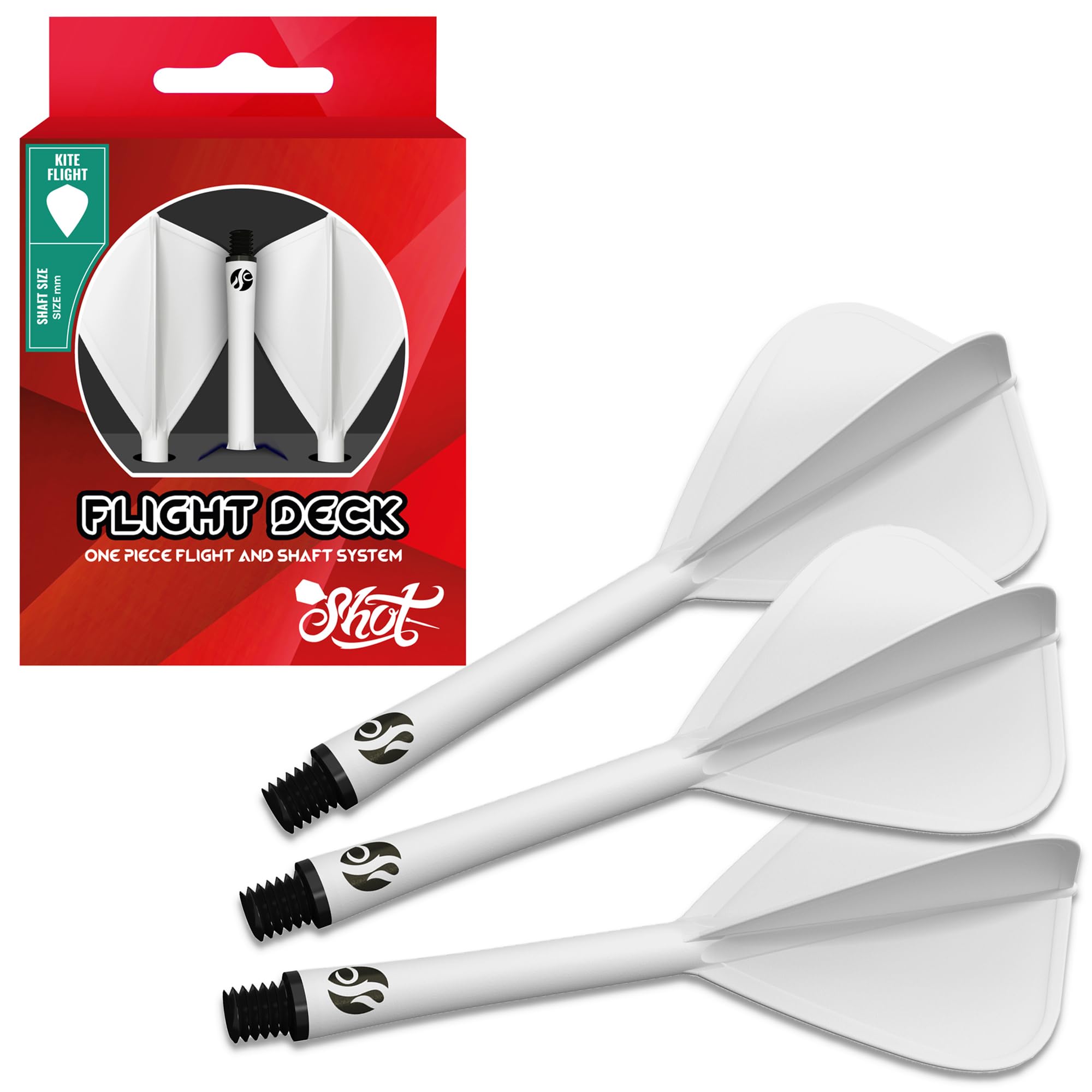 Shot! Darts Flight Deck One Piece Dart Flight and Shaft System, Reduced Deflections, Kite Shaped Flight White (350 Micron) Available in Set of 3 (White, Inbetween)