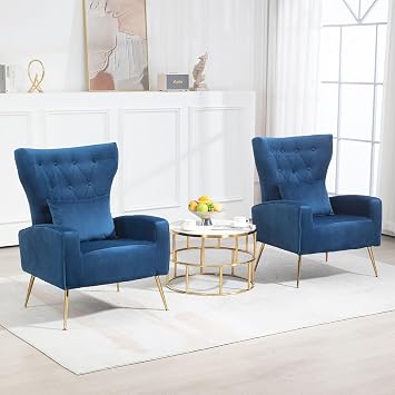 Button-Tufted Velvet Accent Chairs Set of 2, Mid Century Modern Living Room Chair with High Wingback, Upholstered Arm Chair with Metal Gold Legs for Bedroom, Club, Navy Blue