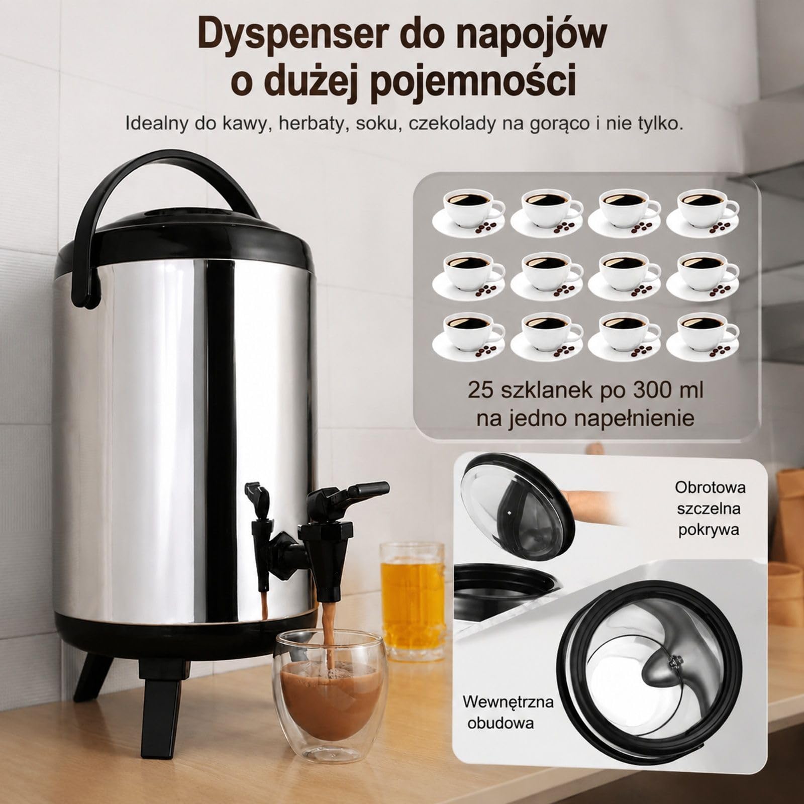Izolowany dozownik napojów 7,6 L, dzbanek ze stali nierdzewnej z kranem i uchwytem do kawy wody soku kawiarni barów