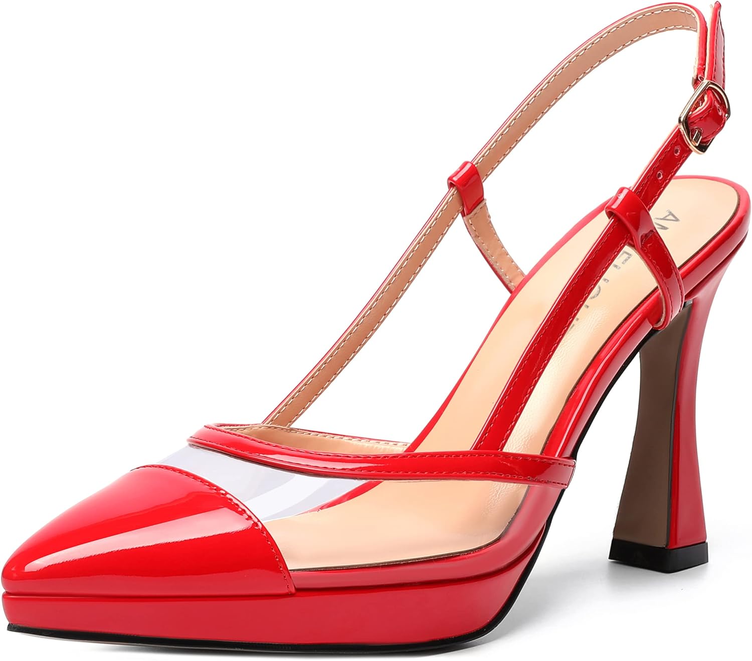 AMBELIGHT Women's Clear Platform Slingback Stiletto Patent Pointed Toe High Heel 4 Inch Solid Dating Sexy Pumps Shoes Red Size 7.5 - Zapatos de Tacon para Mujer