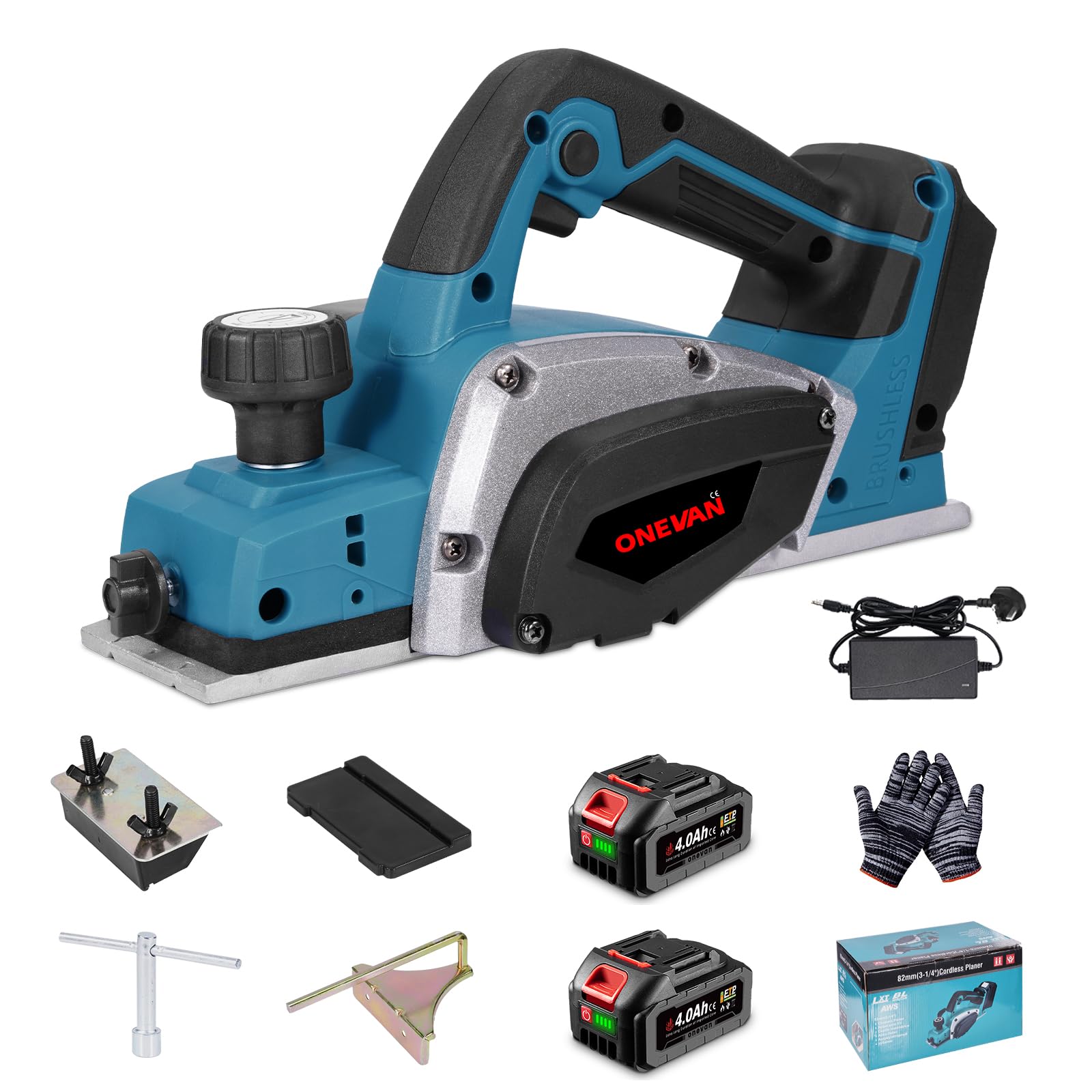 Onevan Blue Cordless Planer Electric Planer Wood - Aluminium Alloy Cutter Brushless Electric Planer, With 82 Mm Width 2 Mm Depth, 2 * 4.0Ah Batteries, Hand Planer For Woodworking, Furniture Diy