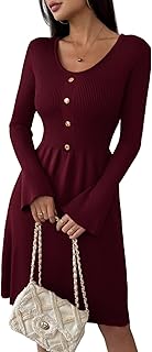 Zeagoo Knitted Dress Women's Long Sleeve Autumn Dress V-Neck Jumper Dress Elegant Winter Dresses Plain A Line Midi Dress with Trumpet Sleeves