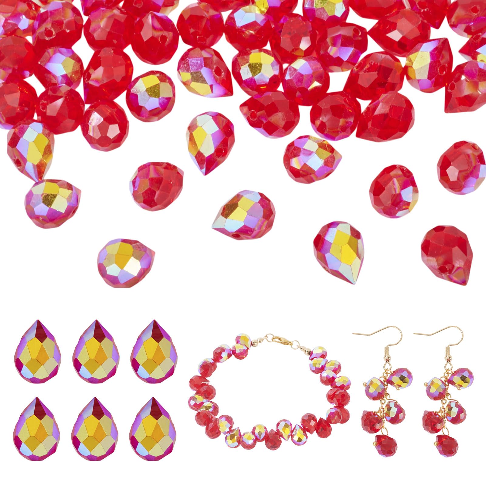 50 Pcs Red Faceted Teardrop Crystal Beads Transparent Water Drop Glass Beads Electroplated Top Drilled Drop Chandelier Charms Suncatcher Bead for DIY Dangle Earring Jewelry Making