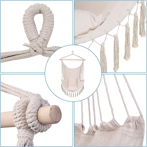 Miniatura 8 de Silla hamaca colgante con cuerda oscilante, almohada colgante con borlas, máximo 330 libras, 2 cojines incluidos, silla colgante grande de macramé