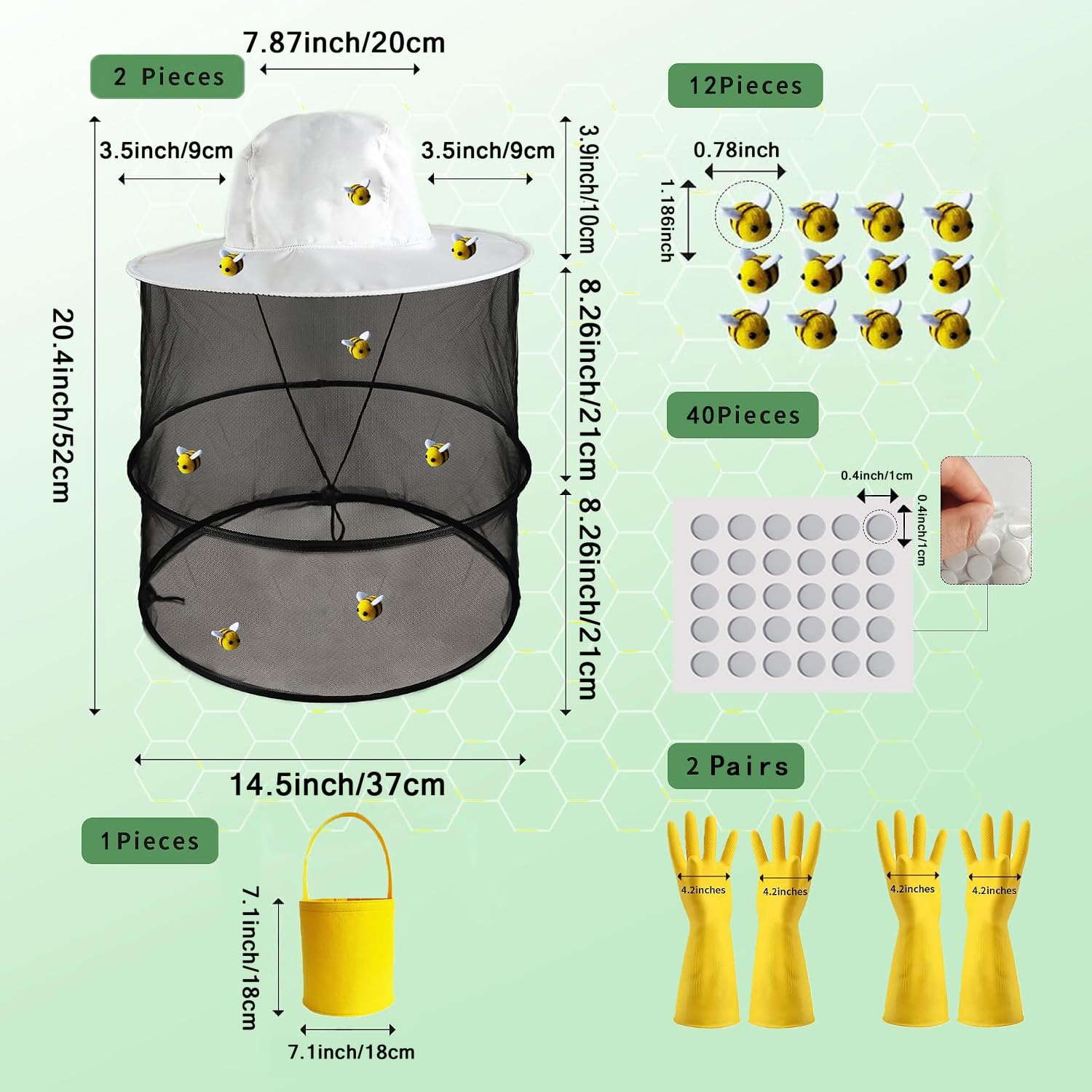 56 Pcs Bee Keeper hat Set Includes 2pcs Beekeeper Hats 12 Pcs Wool Felt Bees 40 Pcs Round Double Sided Tape 1pc Yellow Felt Bucket 2pcs Gloves for Bee Keeper Costume Adult